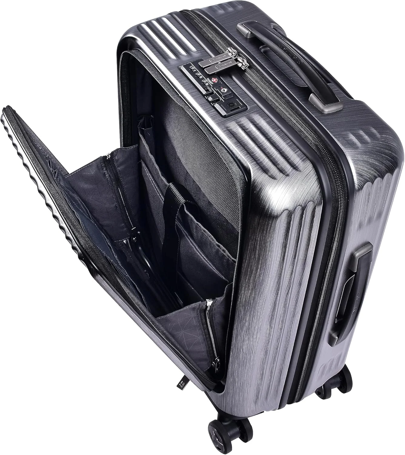 چمدان کابین تجاری سخت پوسته امیننت آلفرد با بارگیری از جلو، ترولی با قفل ترکیبی دو طرفه TSA و پورت USB، KK50B (سایز کابین 20 اینچ، نقره ای برس خورده تیره)