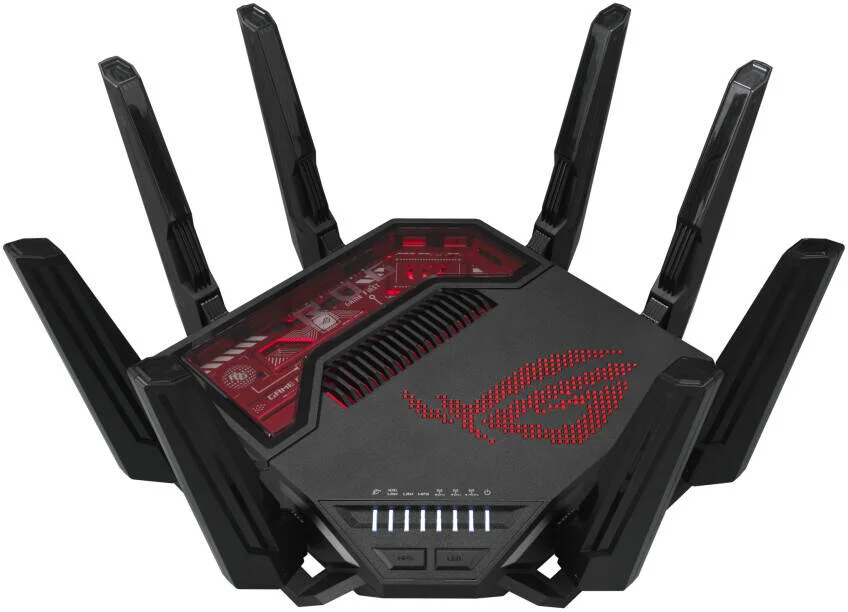 روتر ایسوس ROG Rapture GT-BE19000، دارای 8 آنتن خارجی، وای-فای 7 سه باندی، معماری 12 جریانی، پورت های اترنت دوگانه 10G، شتاب دهنده پیشرفته بازی، عملکرد چند لینکی، مشکی | 90IG0850-MO9A0V
