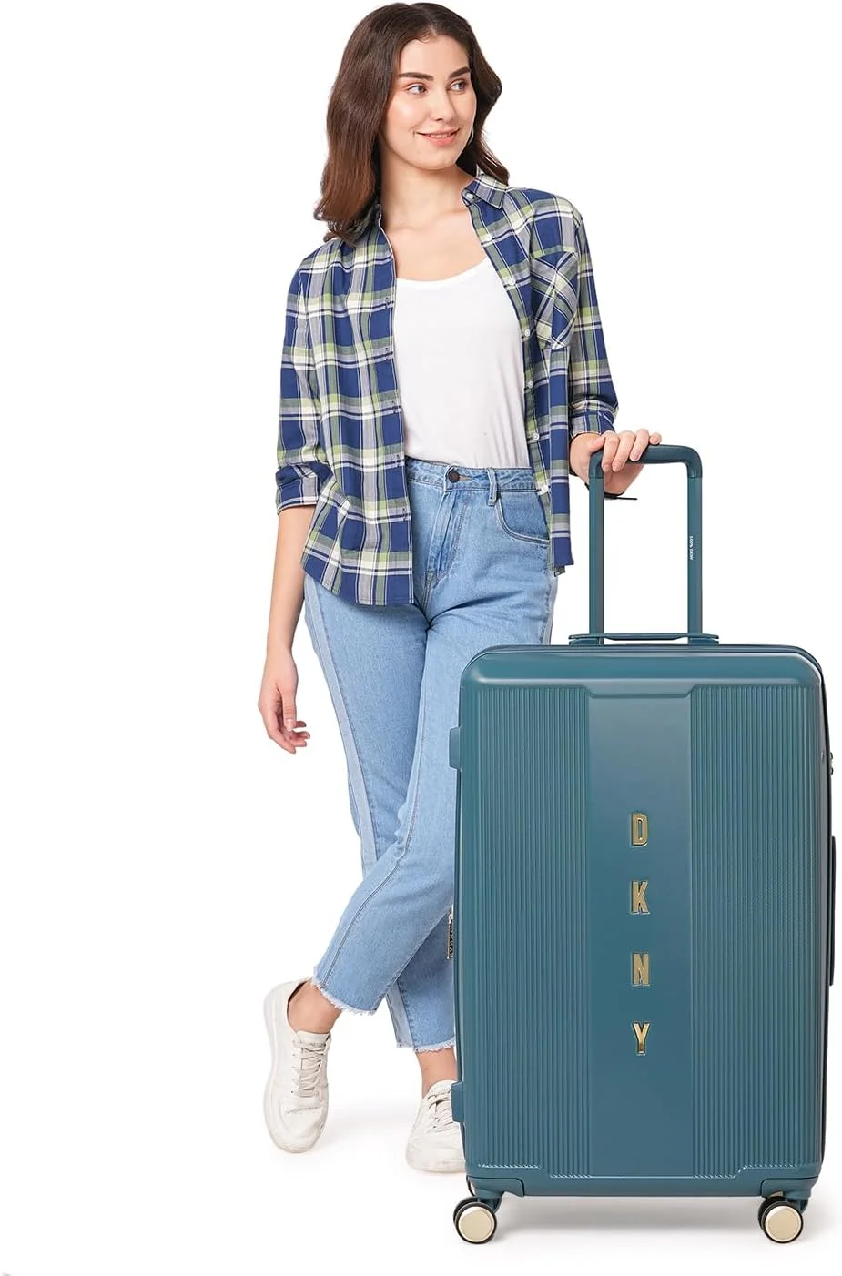 چمدان چرخدار سخت DKNY CENTER STAGE، ABS فوق سبک، 4 چرخ دوبل با قفل TSA (کاجی، بزرگ)