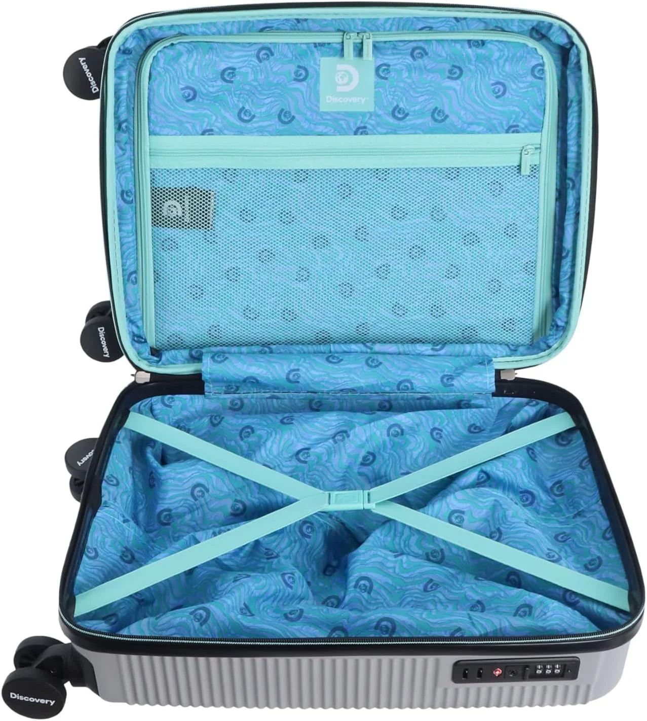 چمدان کابین سایز سخت ای‌بی‌اس دیسکاوری اکلیپس، چمدان تجاری مسافرتی بادوام و سبک وزن با ۴ چرخ دوبل، قفل ترکیبی فوق ایمن، چمدان سایز کوچک قابل افزایش حجم - خاکستری روشن