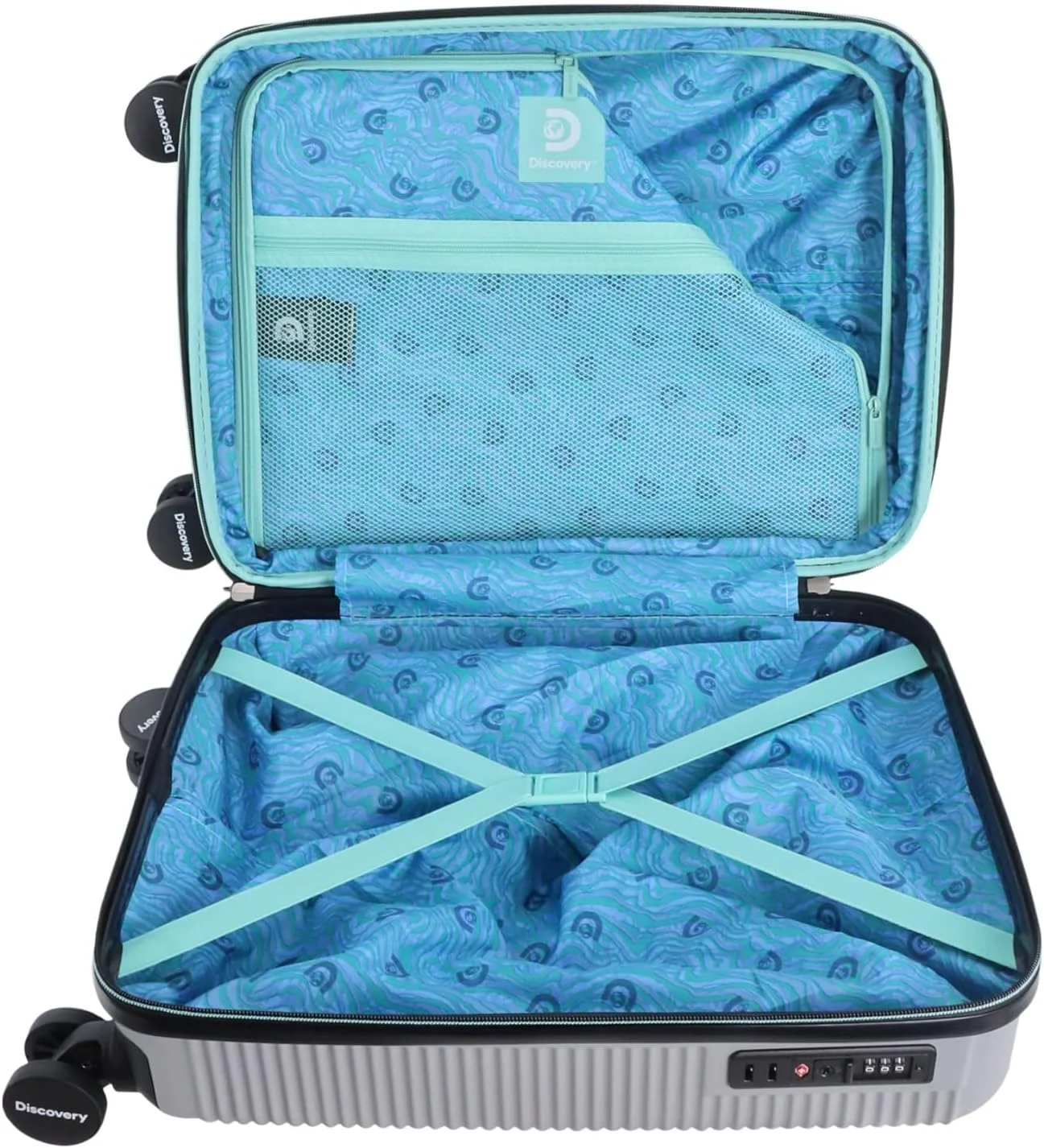 چمدان کابین سایز سخت ای‌بی‌اس دیسکاوری اکلیپس، چمدان تجاری مسافرتی بادوام و سبک وزن با ۴ چرخ دوبل، قفل ترکیبی فوق ایمن، چمدان سایز کوچک قابل افزایش حجم - خاکستری روشن