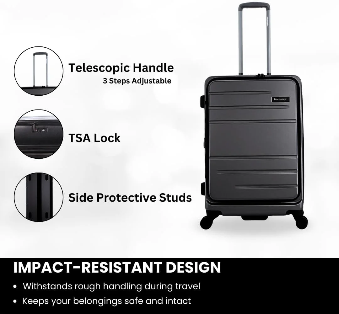 چمدان کابین سایز کوچک Discovery Patrol با رویه سخت، محفظه جلویی بازشو برای لپ‌تاپ، بدنه 100% پلی کربنات سبک وزن، 4 چرخ دوبل، قفل ترکیبی و دسته تلسکوپی - مشکی