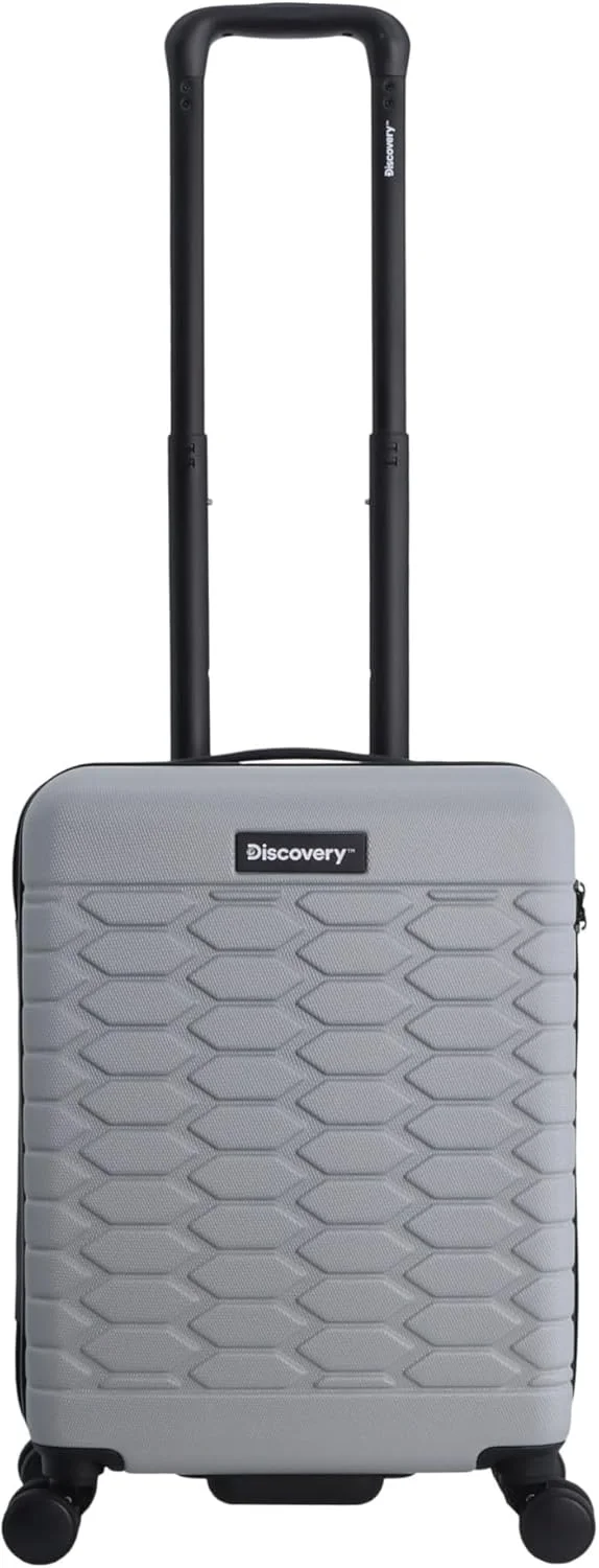 چمدان کابین کوچک دیسکاوری مدل Reptile با بدنه سخت ABS نقره ای، چمدان سبک و بادوام، 4 چرخ دوبل با قفل ترکیبی (سایز 20 اینچ).