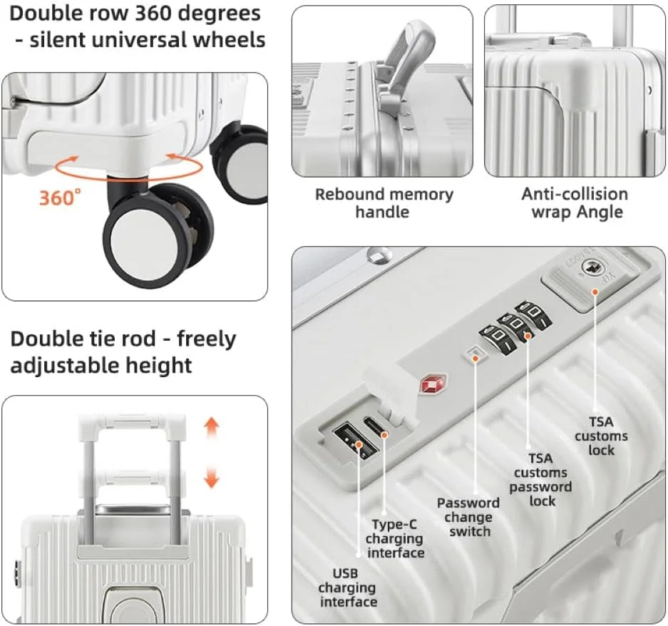 چمدان کابین هواپیما، چمدان سخت PC با جیب جلویی، پورت شارژ USB، چرخ گردان ترولی برای چمدان با قفل های TSA، سفید، سایز کابین ۲۰ اینچی، چمدان کابین با چرخ های اسپینر