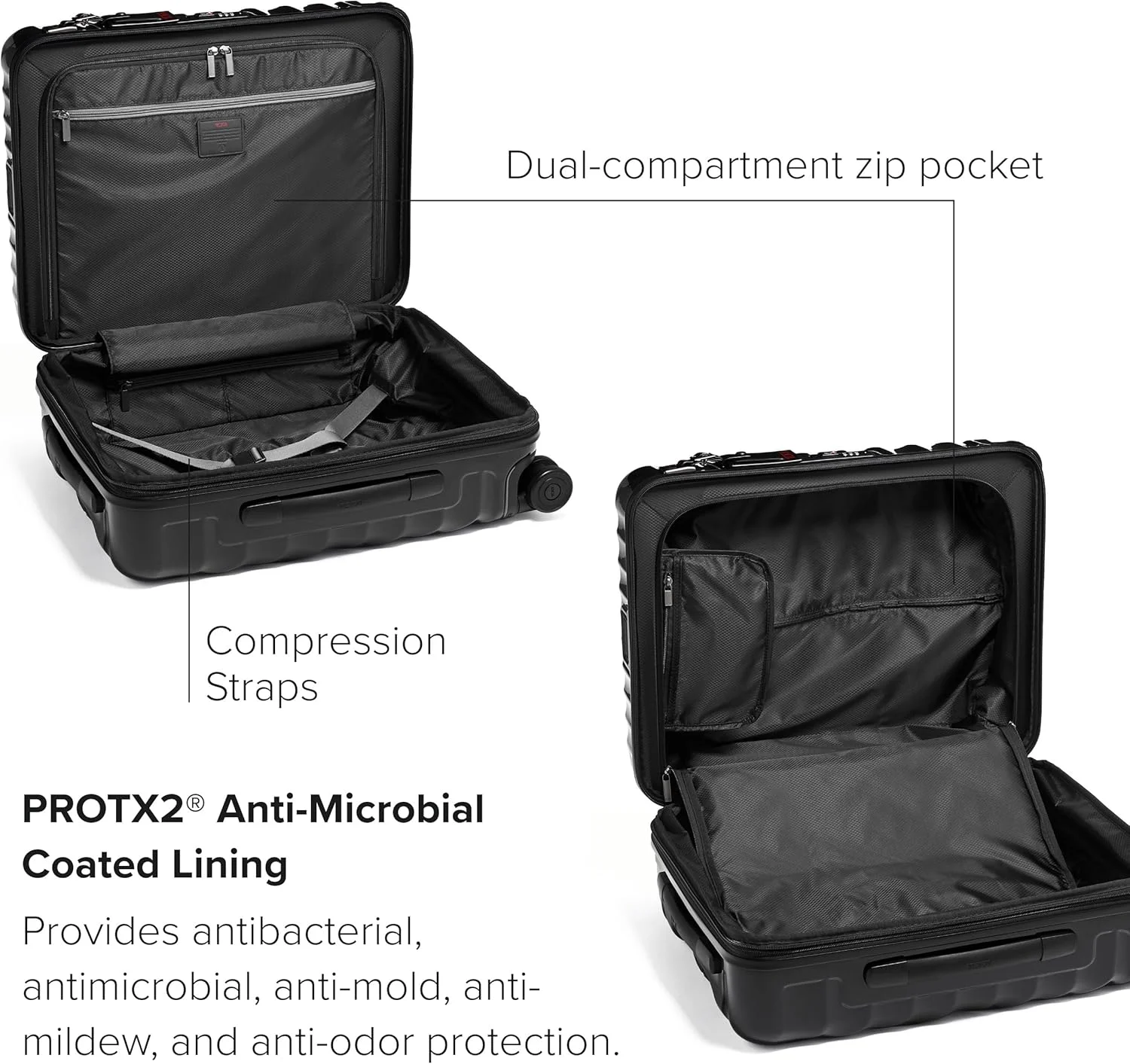 چمدان چرخ‌دار گسترش‌پذیر تومی مدل 19 Degree از جنس پلی‌کربنات، سایز کابین هواپیما، مشکی