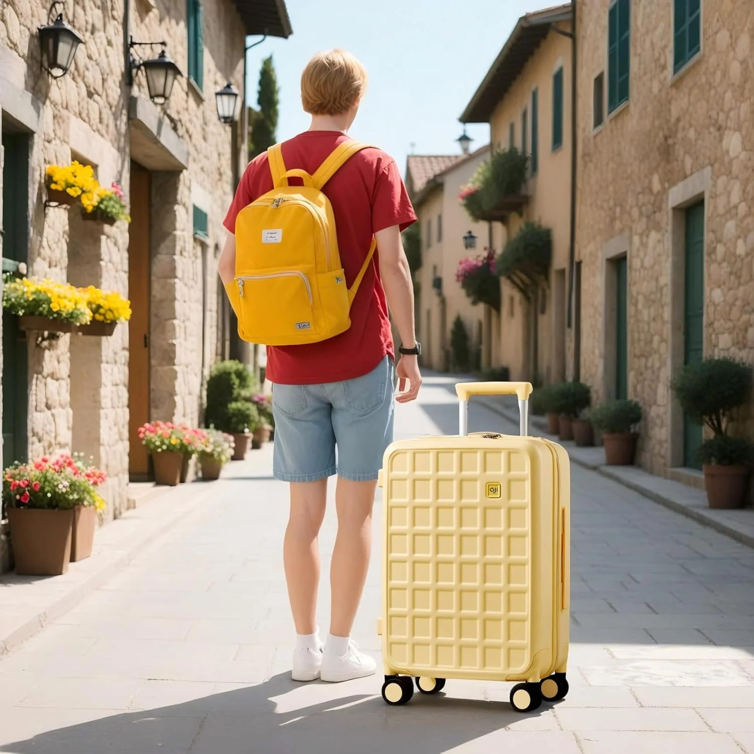 چمدان کابین هواپیما چرخ دار: چمدان کابین سایز مورد تایید خطوط هوایی 55x35x22 - چمدان با 8 چرخ گردان، بدنه سخت 100% پلی کربنات - چمدان مناسب سفر و کار (زرد پنیری)