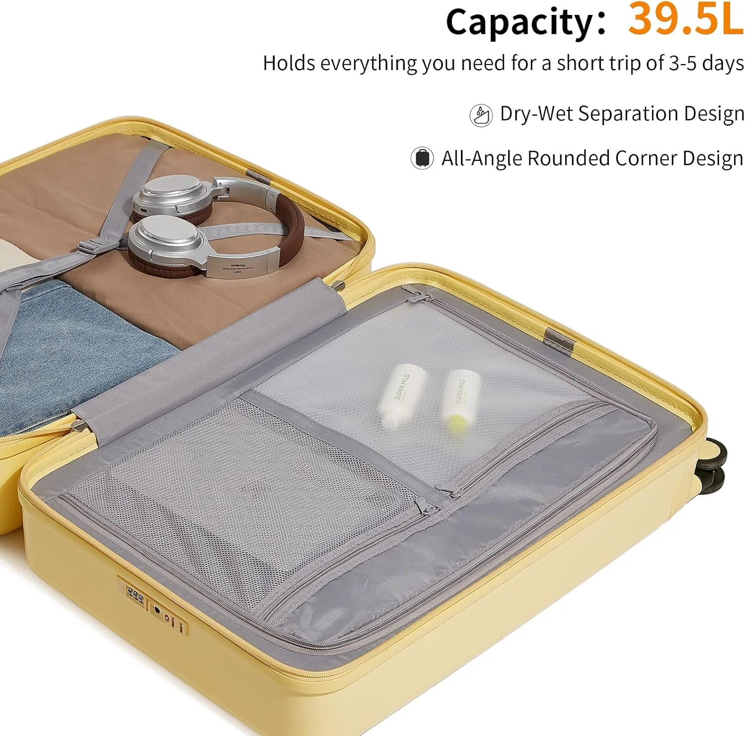 چمدان کابین هواپیما چرخ دار: چمدان کابین سایز مورد تایید خطوط هوایی 55x35x22 - چمدان با 8 چرخ گردان، بدنه سخت 100% پلی کربنات - چمدان مناسب سفر و کار (زرد پنیری)