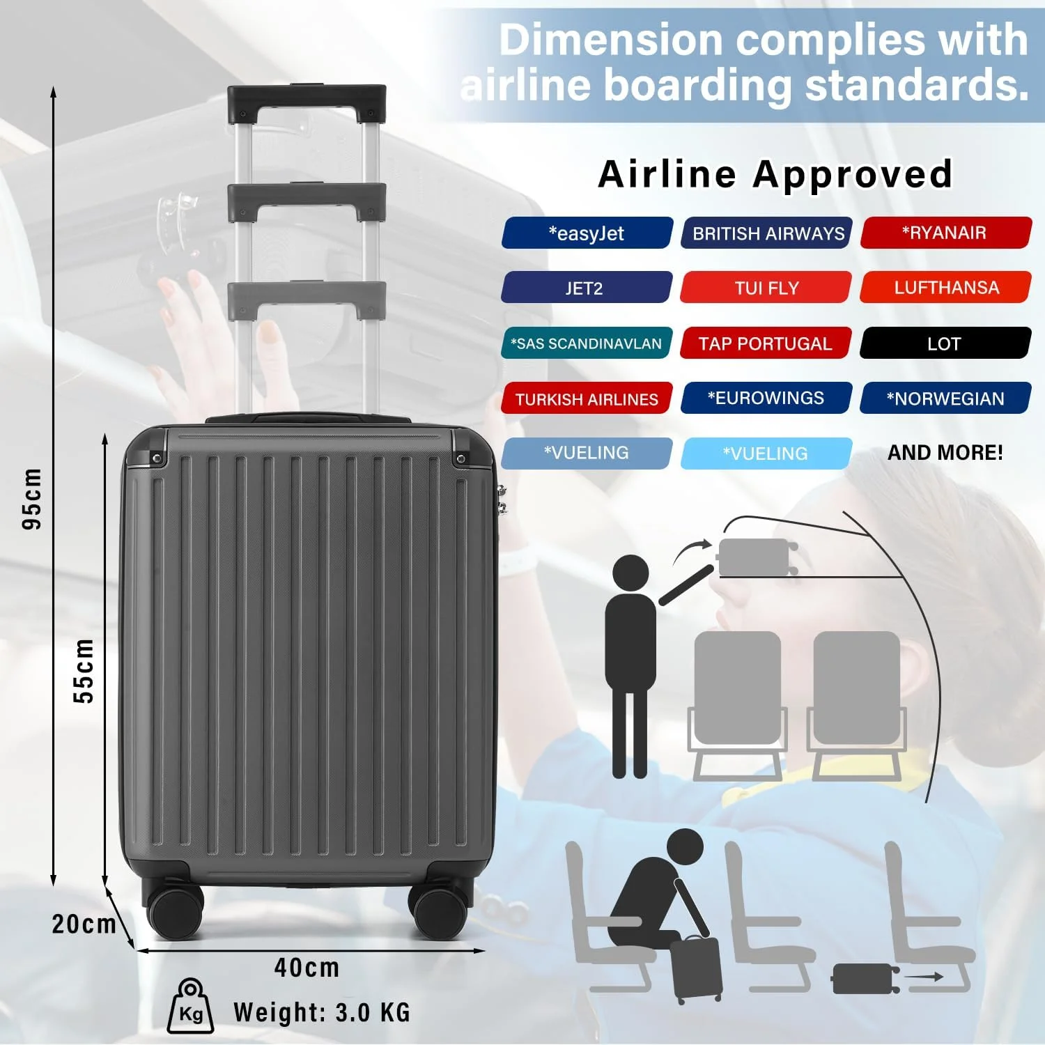 چمدان کابین سایز کولایف، 55×40×20 سانتی‌متر، چمدان سبک وزن با بدنه سخت مناسب سفر، مناسب برای اکثر خطوط هوایی امارات، قفل TSA و 4 چرخ گردان (مشکی، 20 اینچ)