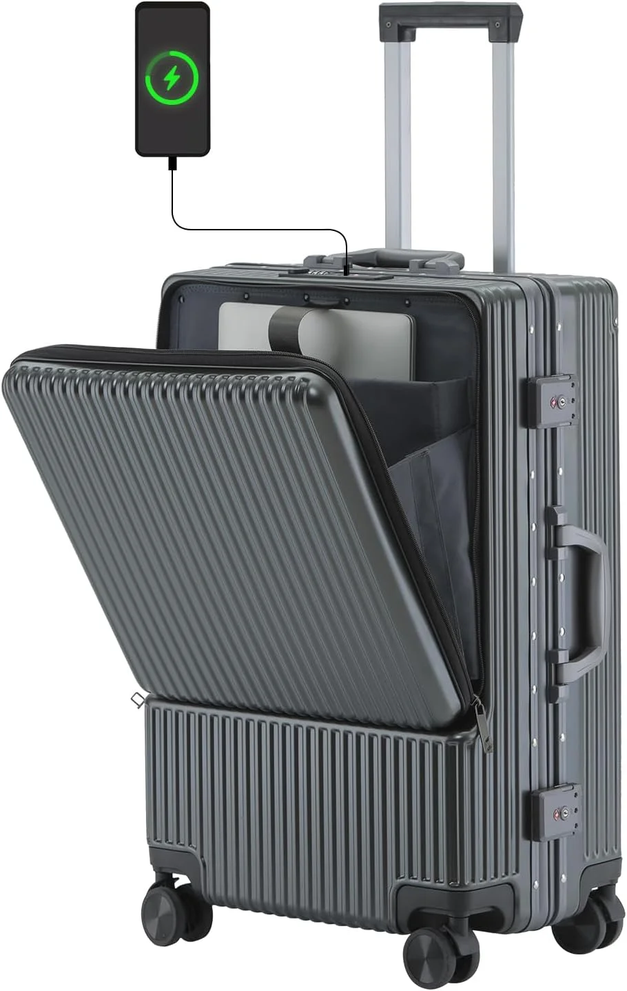چمدان کابین هواپیما، چمدان سخت PC با چرخ‌های اسپینر و قفل TSA، چمدان با فریم آلومینیومی با جیب جلویی، پورت شارژ USB، سایز 20 اینچ، مشکی