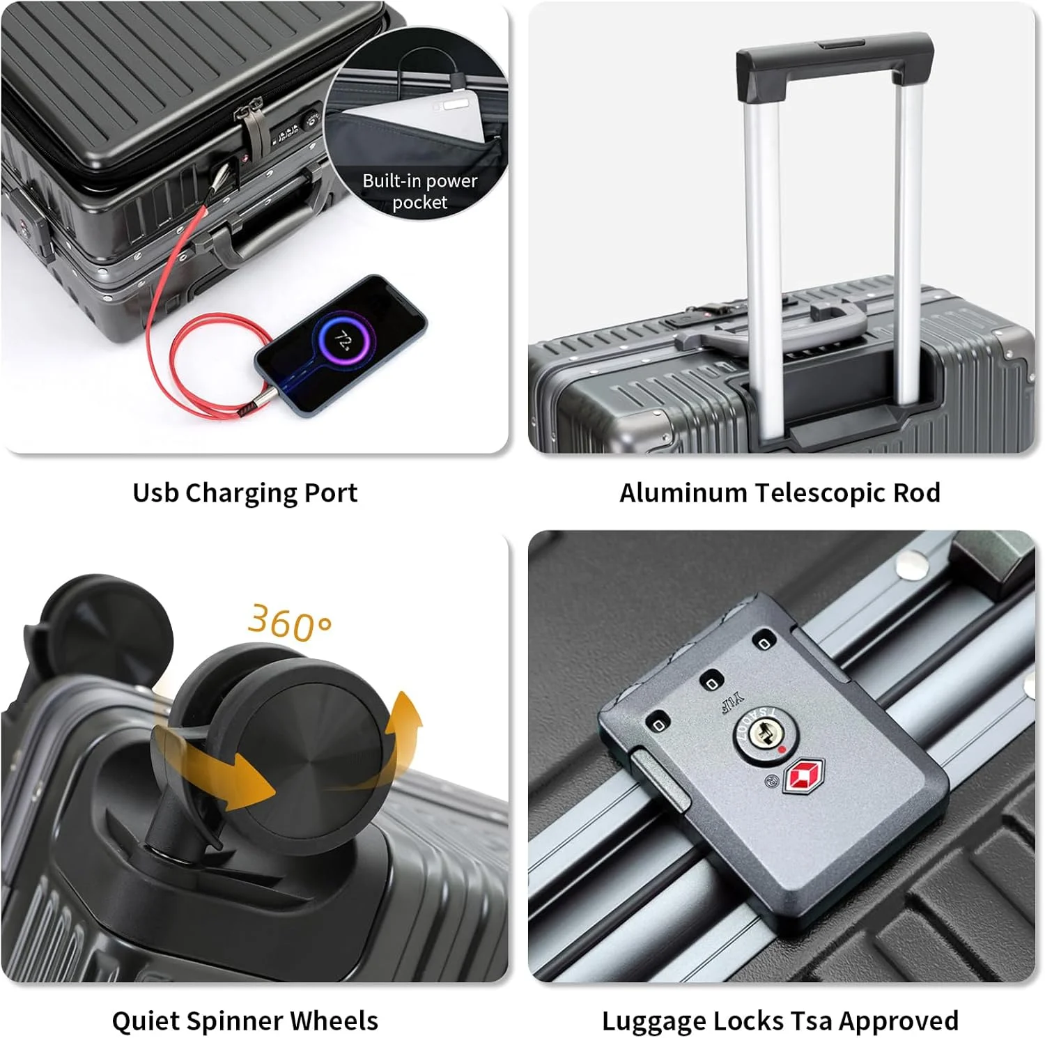 چمدان کابین هواپیما، چمدان سخت PC با چرخ‌های اسپینر و قفل TSA، چمدان با فریم آلومینیومی با جیب جلویی، پورت شارژ USB، سایز 20 اینچ، مشکی
