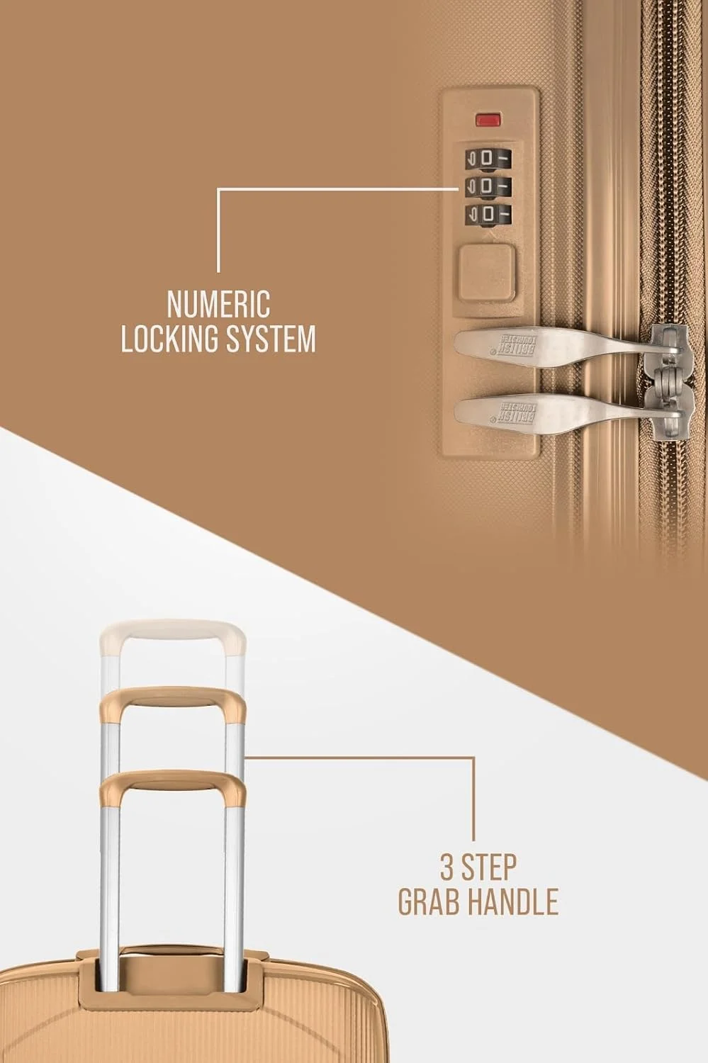 چمدان چرخدار کوچک پلی پروپیلن سایز کابین ۲۰ اینچ شامپاینی چمدان چرخدار کوچک پلی پروپیلن سایز کابین ۲۰ اینچ شامپاینی