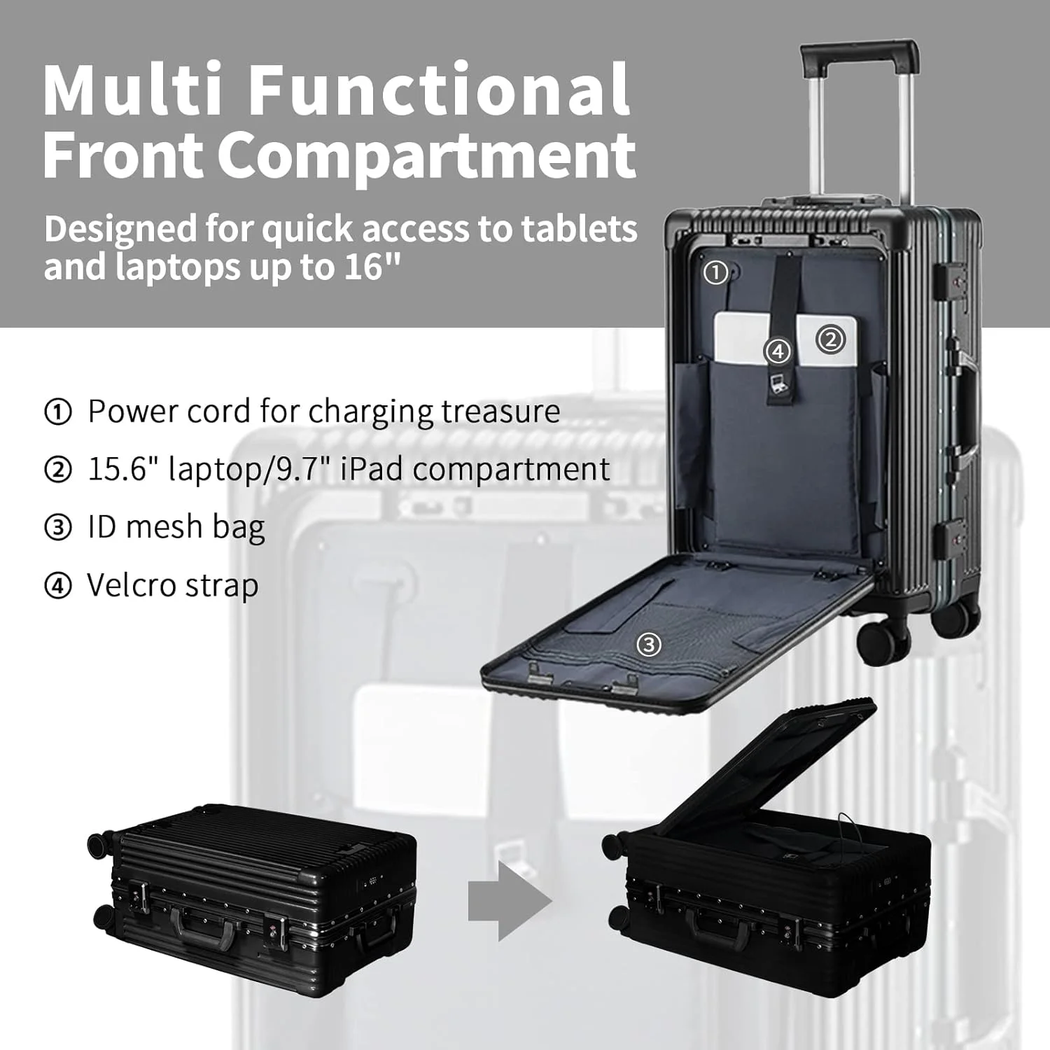 چمدان کابین سایز با فریم آلومینیومی، پورت شارژ USB، محفظه جلویی، قفل TSA و چرخ های اسپینر