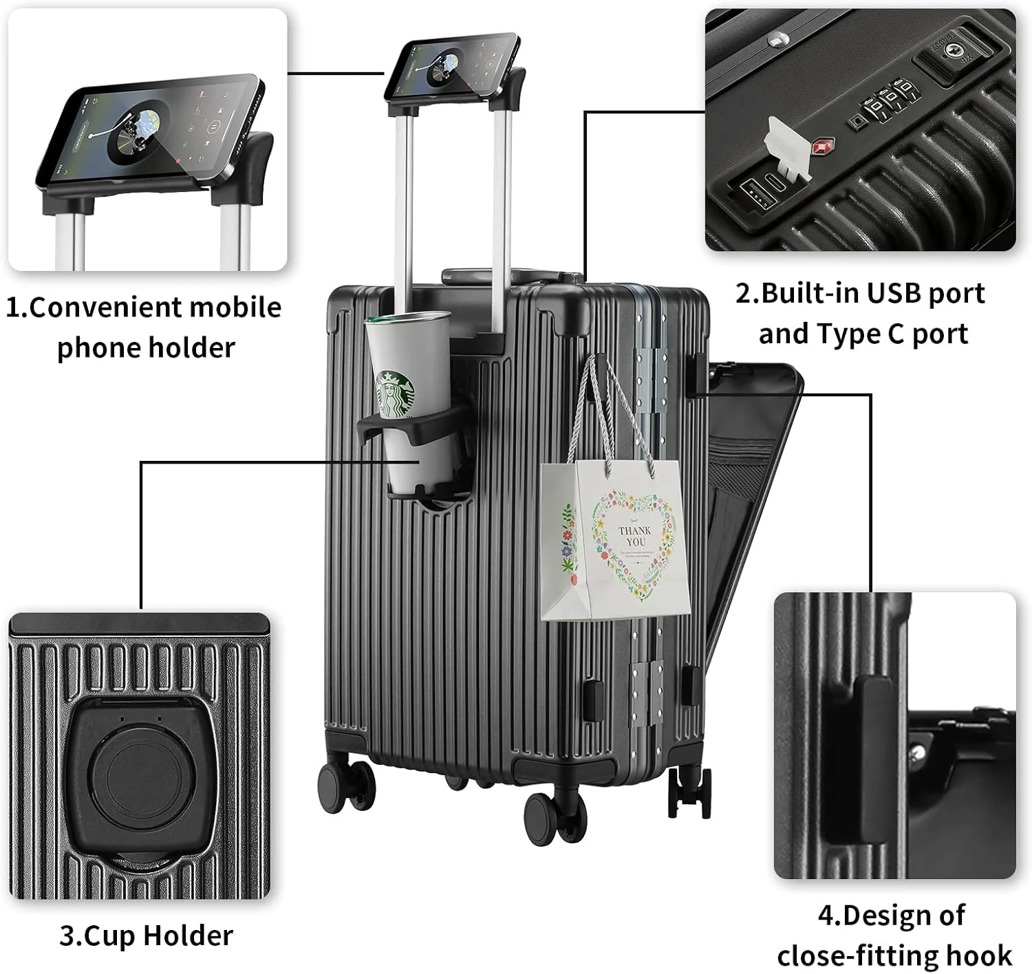 چمدان کابین سایز با فریم آلومینیومی، پورت شارژ USB، محفظه جلویی، قفل TSA و چرخ های اسپینر
