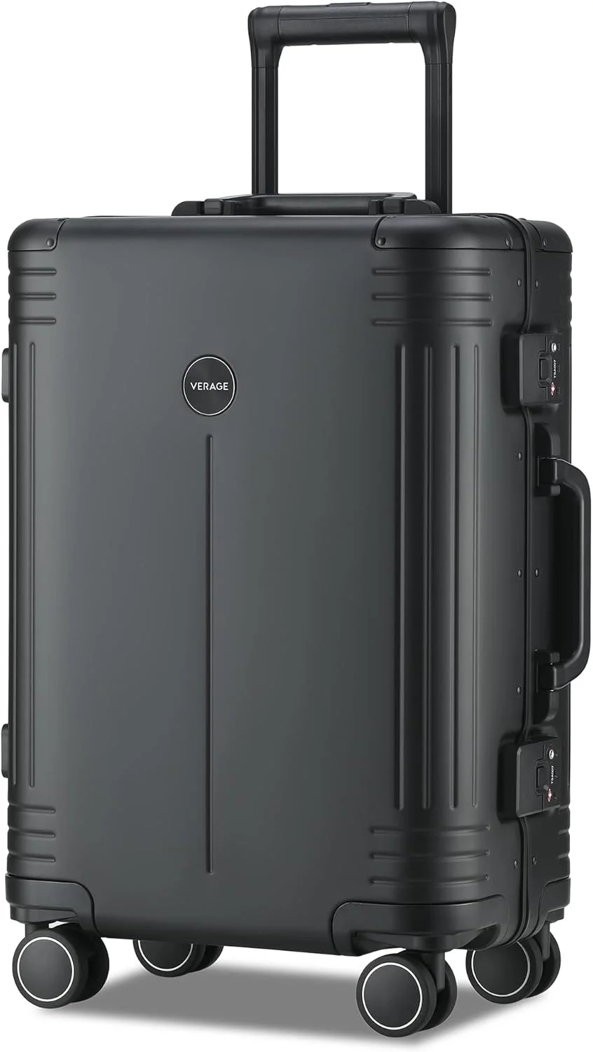 چمدان کابین سایز آلومینیومی Verage Birmingham، چمدان چرخشی بین المللی بدنه سخت، مشکی، سایز 20 اینچ مناسب کابین هواپیما