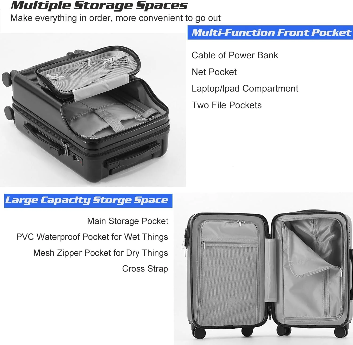 چمدان سایز کابین 20 اینچی، چمدان سخت، چمدان سایز کابین با قفل داخلی، با جا لیوانی و پورت USB، چمدان هارد شل مورد تایید خطوط هوایی با چرخ های اسپینر (قرمز، 20 اینچ)