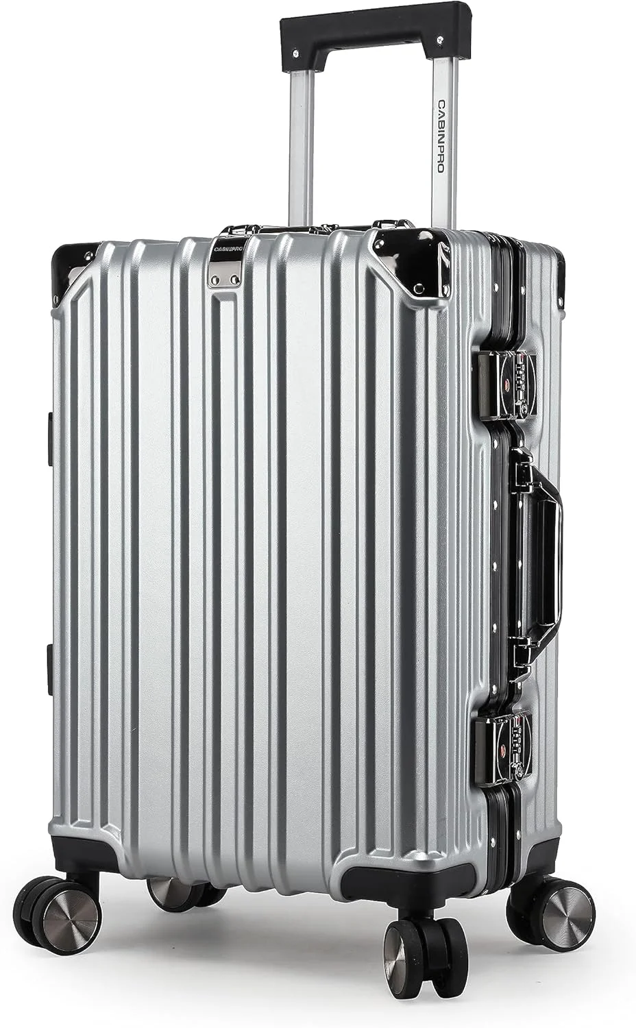 چمدان ترولی سبک وزن کابین پرو با فریم آلومینیومی و بدنه سخت پلی کربنات، دارای 4 چرخ دوبل 360 درجه بی صدا، مدل CP001 (سایز کابین 20 اینچ، نقره ای)