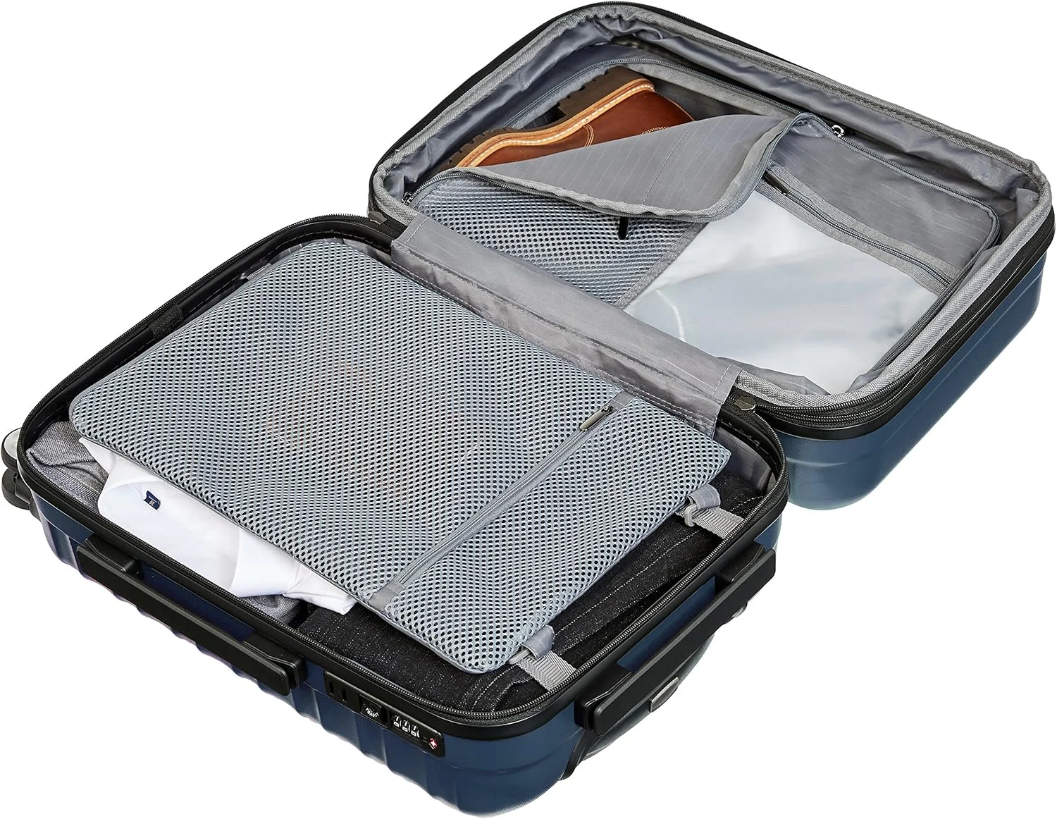 چمدان چرخ‌دار سخت آمازون بیسیکس با قفل - سایز کابین ۲۱ اینچ (۵۳ سانتی‌متر)، جنس: پلی‌کربنات، سرمه‌ای