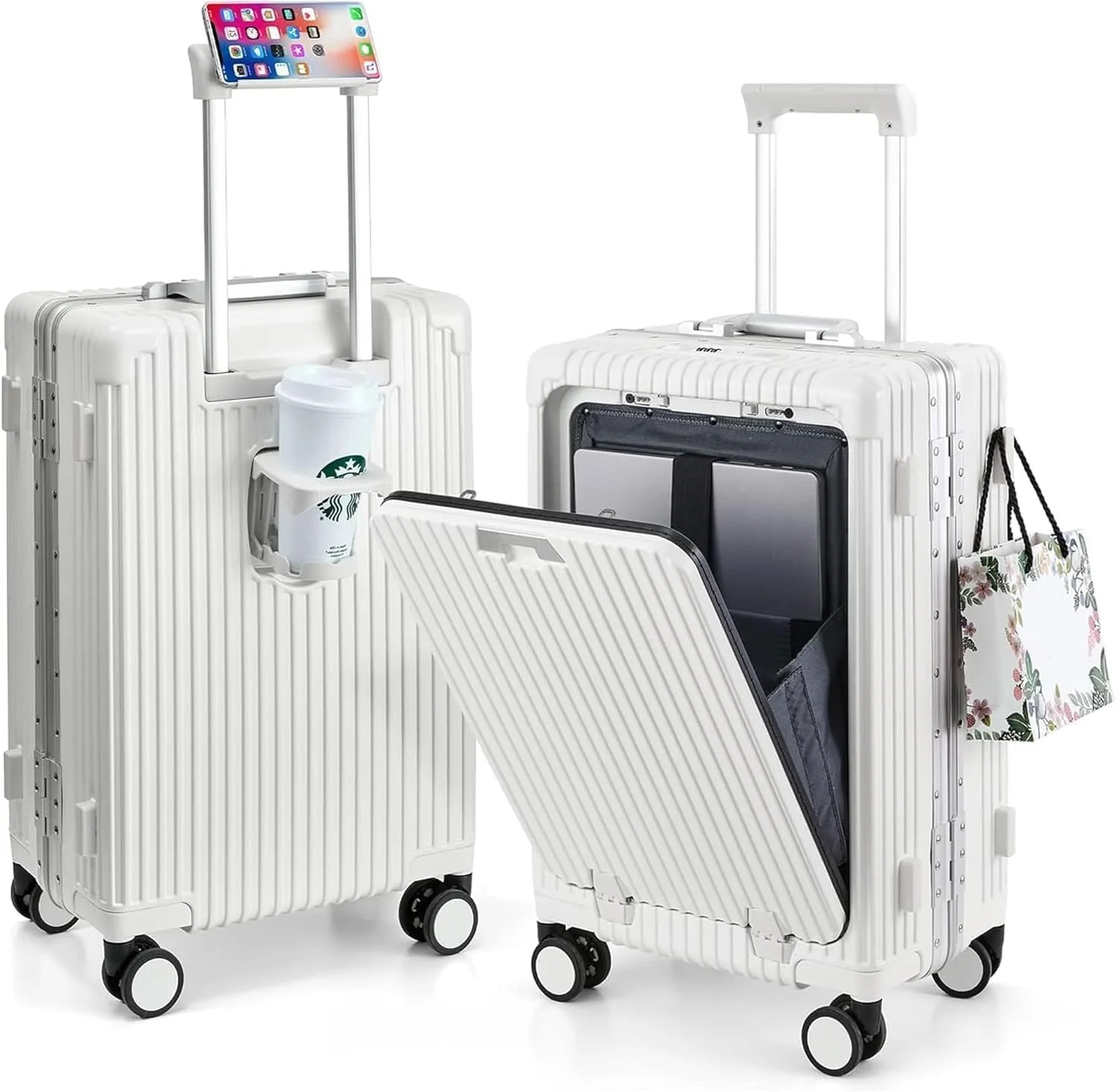 چمدان سایز کابین 20 اینچی هارد شل، چرخ دار سبک وزن با جیب جلویی و محفظه لپ تاپ، چمدان کابین با چرخ برای سفر های تک جنسیتی، طراحی بادوام و شیک