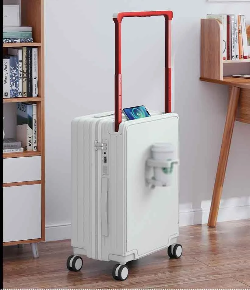 چمدان چرخ‌دار پهن Swiss Case، سایز 26 اینچ، بدنه سخت ABS+PC، دارای 4 چرخ دوبل 360 درجه بی‌صدا و زیپ دوبل ضد آب و ضد انفجار ارتقا یافته، جا لیوانی و USB، مدل QTC-SY801-سفید26