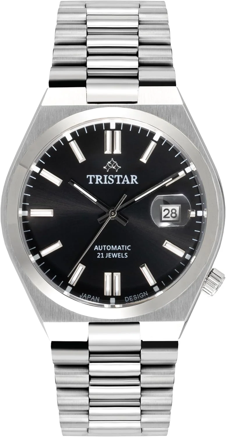 ساعت مچی مردانه اتوماتیک سری Tristar NJ با صفحه مشکی و بند استیل ضد زنگ
