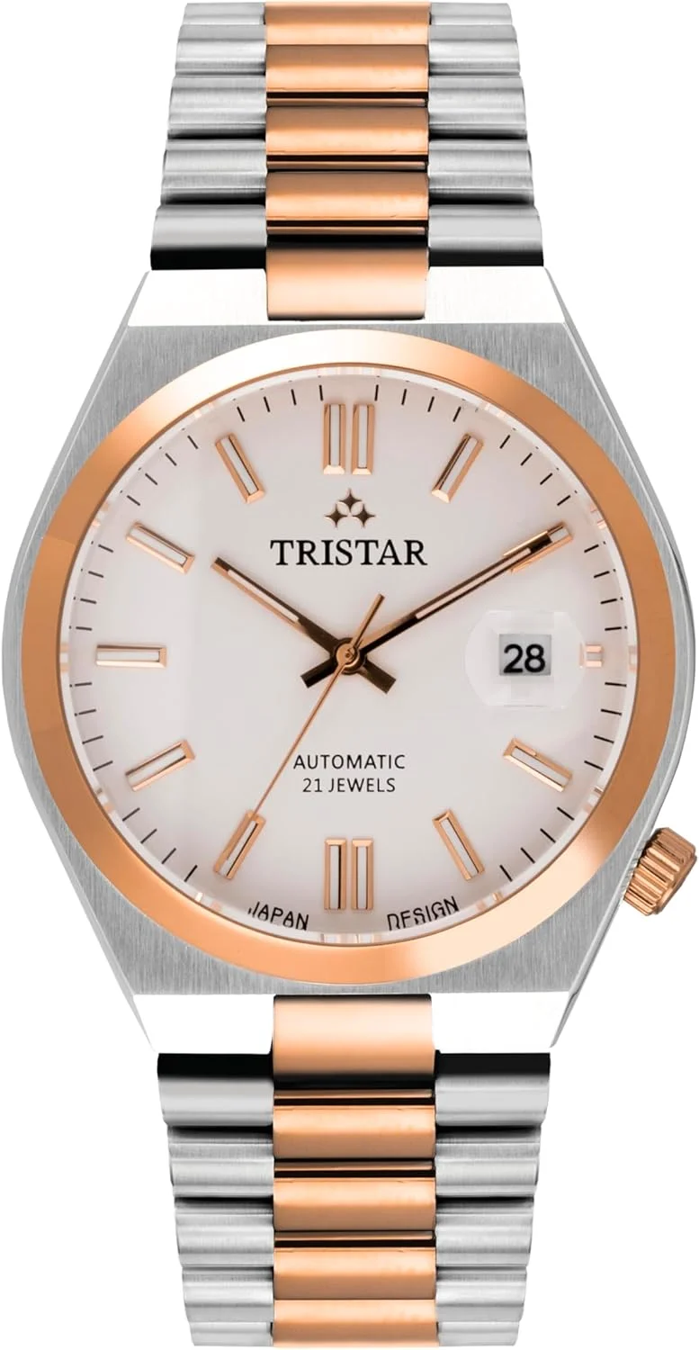 ساعت مچی اتوماتیک مردانه سری Tristar NJ با صفحه سفید و عقربه ای و دستبند رزگلد دو رنگ