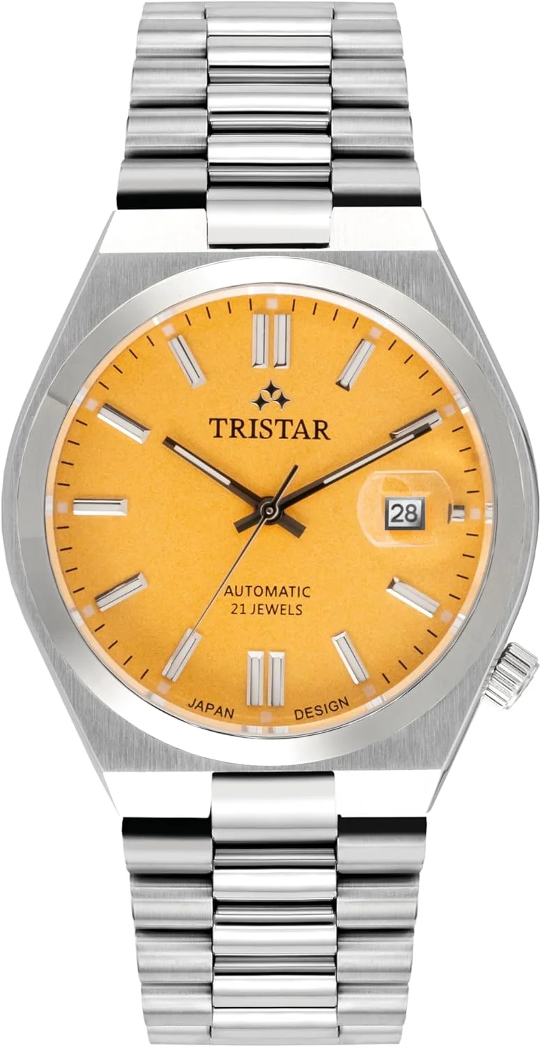 ساعت مچی مردانه اتوماتیک سری Tristar NJ با صفحه زرد و بند استیل