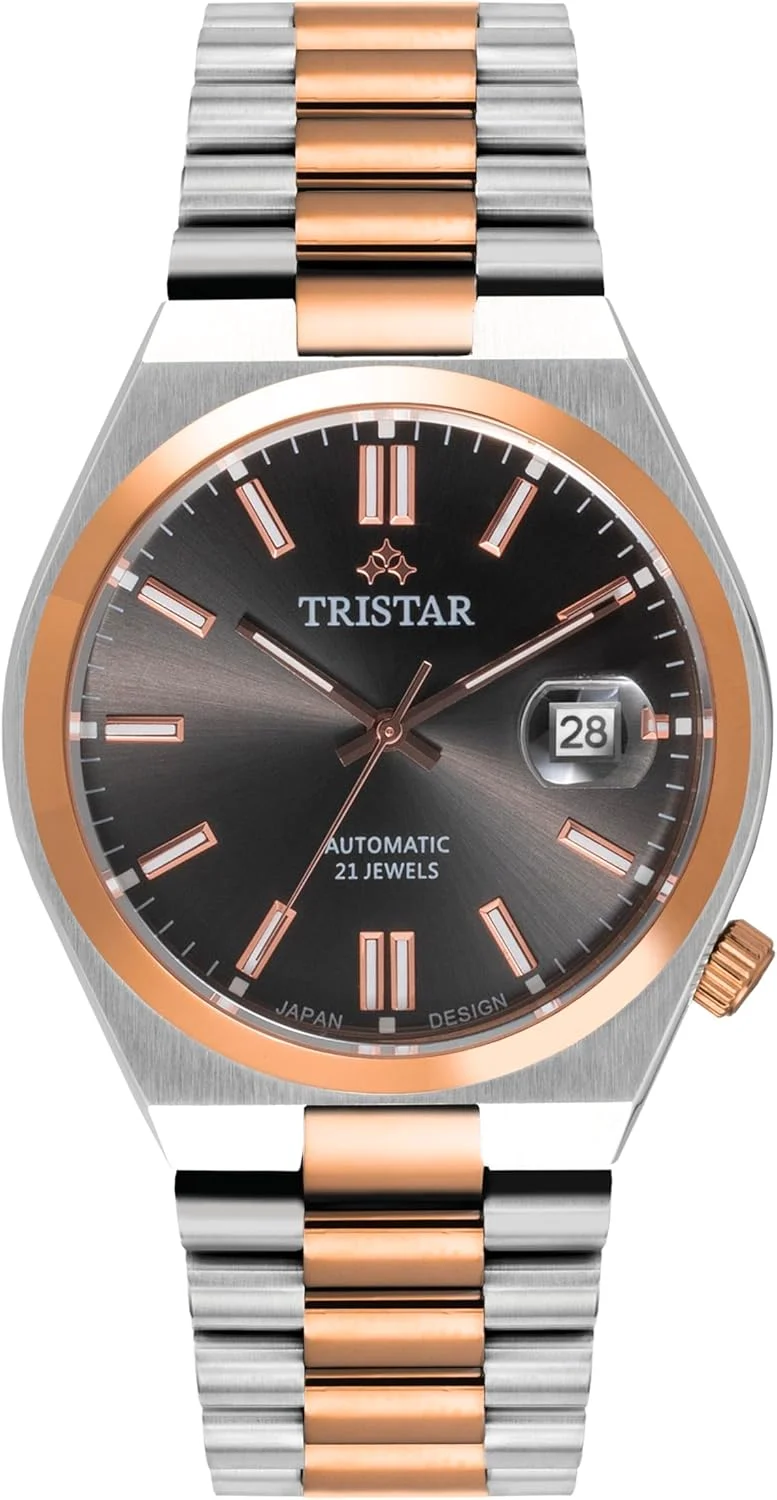 ساعت مچی اتوماتیک مردانه سری Tristar NJ صفحه مشکی با نشانگرها و دستبند دو رنگ رزگلد