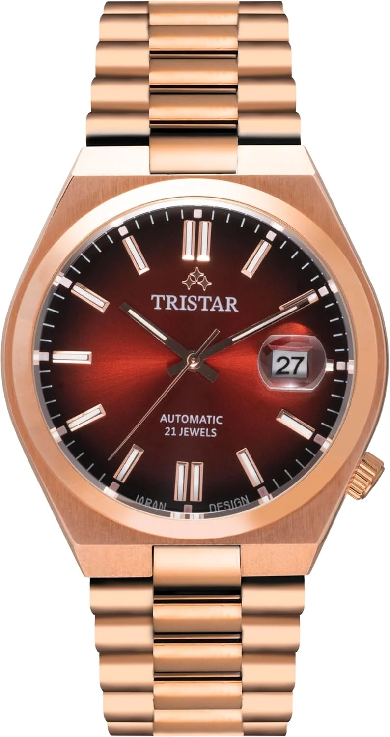 ساعت مچی اتوماتیک مردانه سری Tristar NJ با صفحه اندیکس قرمز و بند رزگلد
