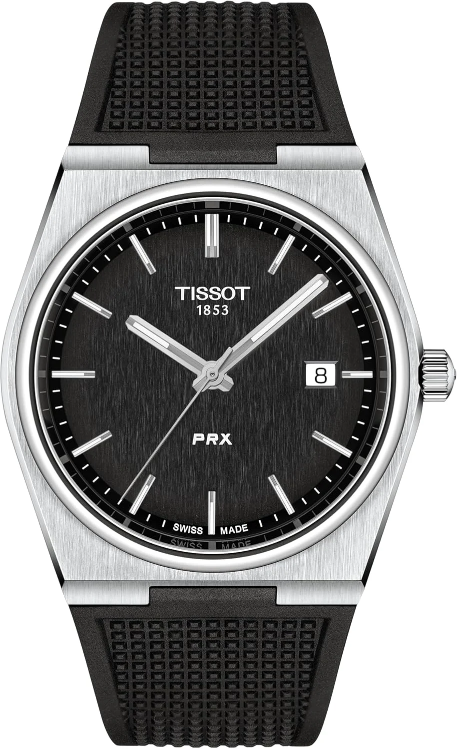ساعت مچی مردانه تیسوت PRX، بدنه استیل ضد زنگ 316L، کوارتز، مشکی، رابر، 12 (T1374101705100)