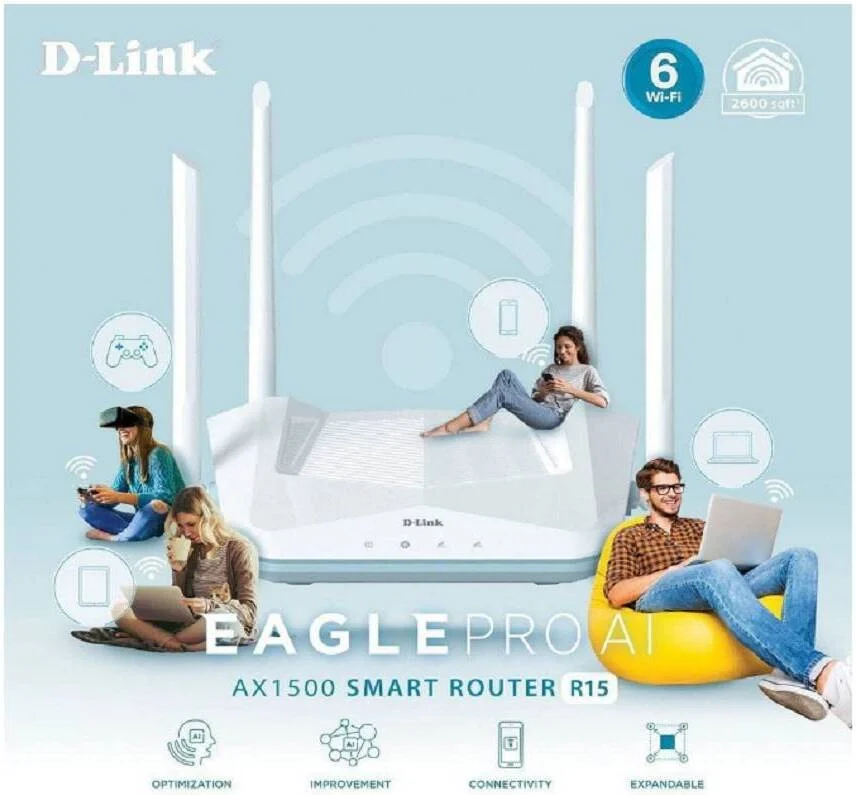 روتر هوشمند D-Link Eagle Pro AI AX1500، مش مبتنی بر هوش مصنوعی، Wi-Fi 6، بهینه ساز ترافیک، سرعت تا 1201 مگابیت بر ثانیه (5 گیگاهرتز) / 300 مگابیت بر ثانیه (2.4 گیگاهرتز)، امنیت بی سیم WPA3، MU MIMO، بسته 5 عددی، سفید | R15-5-Pack