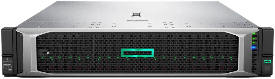سرور رکمونت 2U HPE Proliant DL380 Gen10، دو پردازنده Intel Xeon Platinum 8168 2.7GHz، حافظه 128GB، سه SSD 1.9TB SATA، دو منبع تغذیه 800W، کنترلر P408i-a/2GB SR، آداپتور شبکه 4 پورت 1GbE RJ45