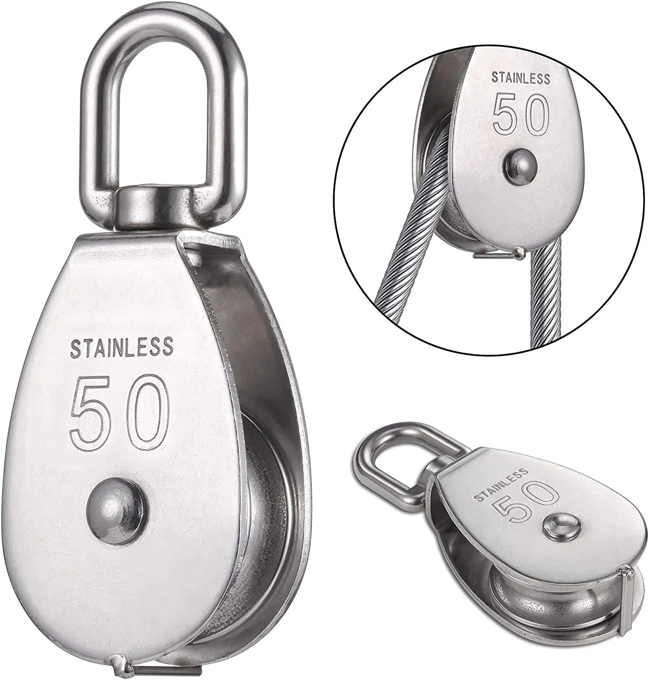 تک قرقره، 1 عدد بلوک قرقره گردان 50 میلی متری ساخته شده از فولاد ضد زنگ 304، قلاب گردان جرثقیل M 50، قرقره سیم آویز بلوک قرقره گردان با ظرفیت بار 400 کیلوگرم برای طناب یا سیم