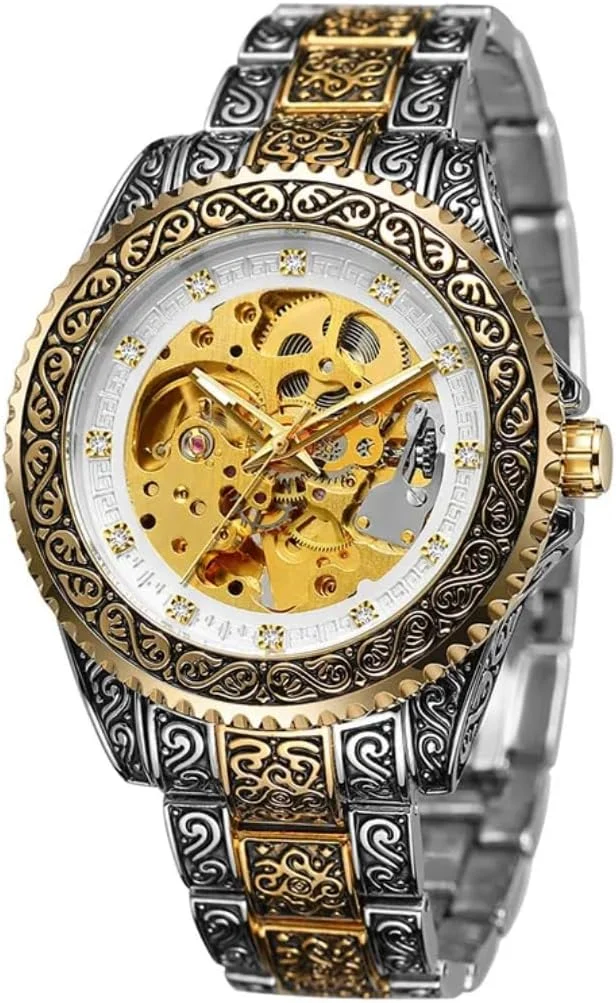 ساعت مچی مکانیکی لوکس SWANK، دورنگ نقره ای و طلایی، طراحی صفحه اسکلتون با بند طرح دار تزئینی ساعت مچی مکانیکی لوکس SWANK، دورنگ نقره ای و طلایی، طراحی صفحه اسکلتون با بند طرح دار تزئینی