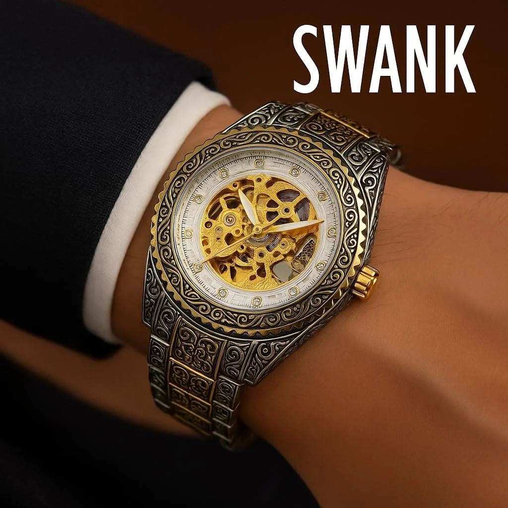 ساعت مچی مکانیکی لوکس SWANK، دورنگ نقره ای و طلایی، طراحی صفحه اسکلتون با بند طرح دار تزئینی