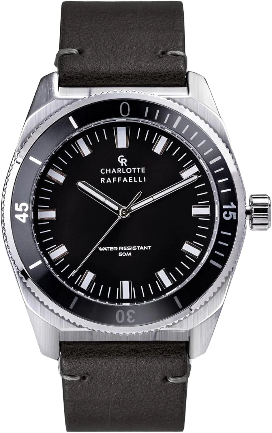 ساعت مچی مردانه استیل با صفحه مشکی و بند چرمی، حرکت کوارتز آنالوگ، از Charlotte Raffaelli Watches CRSP071