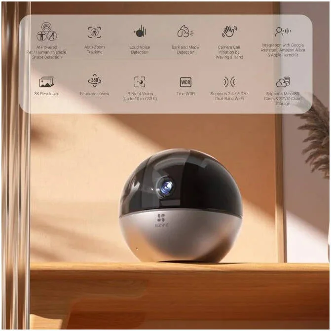 دوربین هوشمند خانگی EZVIZ E6 3K، رزولوشن 3K، پشتیبانی از وای فای دو بانده 2.4 / 5 گیگاهرتز، دید در شب IR (تا 10 متر)، ردیابی با زوم خودکار، شاتر حریم خصوصی، True-WDR، مشکی | CS-E6-A0-8C5WF