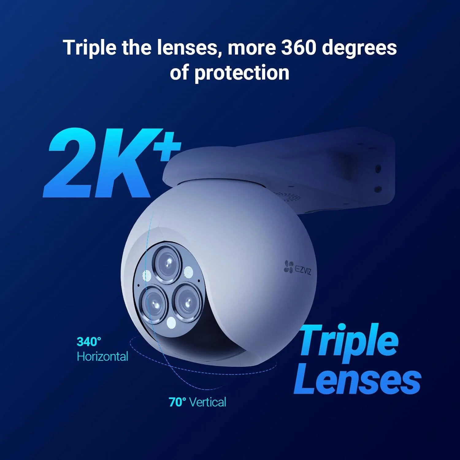 دوربین هوشمند خانگی وای‌فای Ezviz H80f با لنز سه‌گانه، لنزهای سه‌گانه 2K+، نمای پانوراما 360 درجه، زوم ترکیبی 12 برابر، دید در شب رنگی، دو حالت گشت‌زنی، مقاوم در برابر آب و هوا IP67، سفید | CS-H80f-R100-8G444WKFL