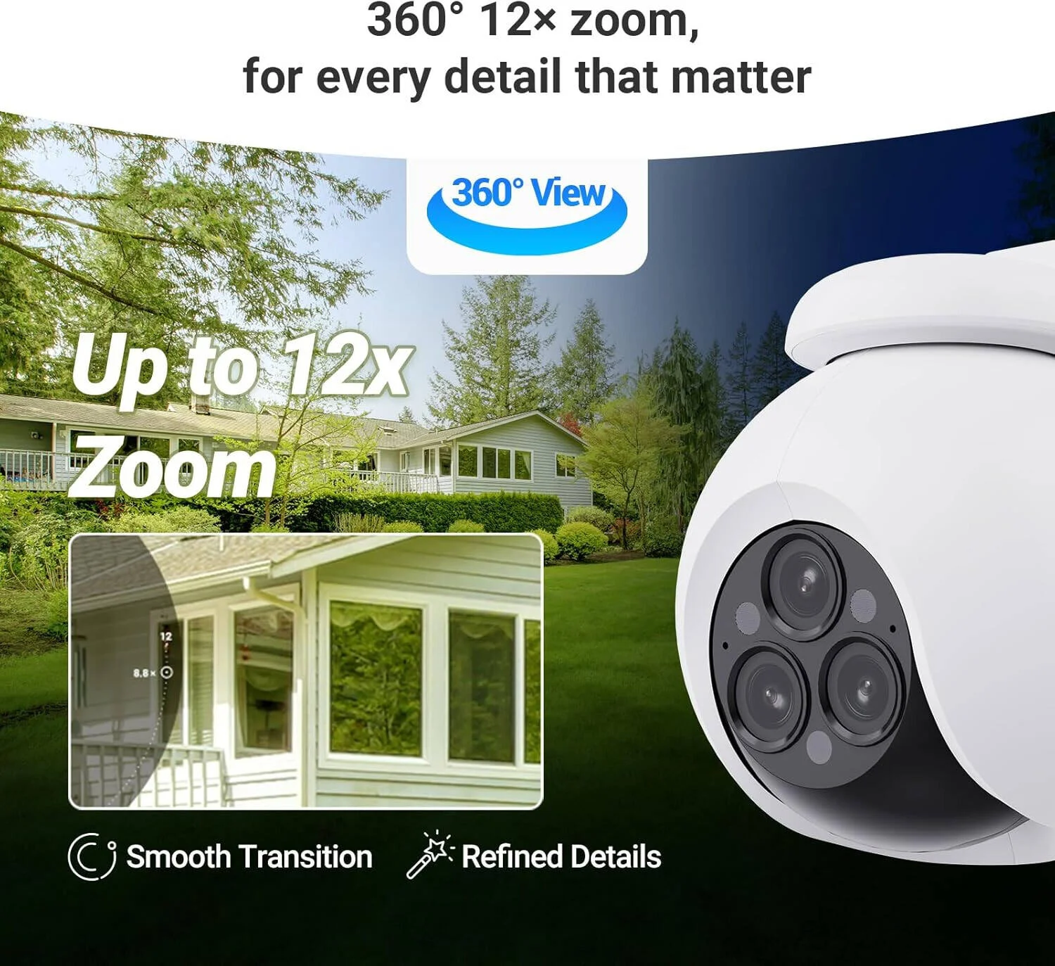 دوربین هوشمند خانگی وای‌فای Ezviz H80f با لنز سه‌گانه، لنزهای سه‌گانه 2K+، نمای پانوراما 360 درجه، زوم ترکیبی 12 برابر، دید در شب رنگی، دو حالت گشت‌زنی، مقاوم در برابر آب و هوا IP67، سفید | CS-H80f-R100-8G444WKFL