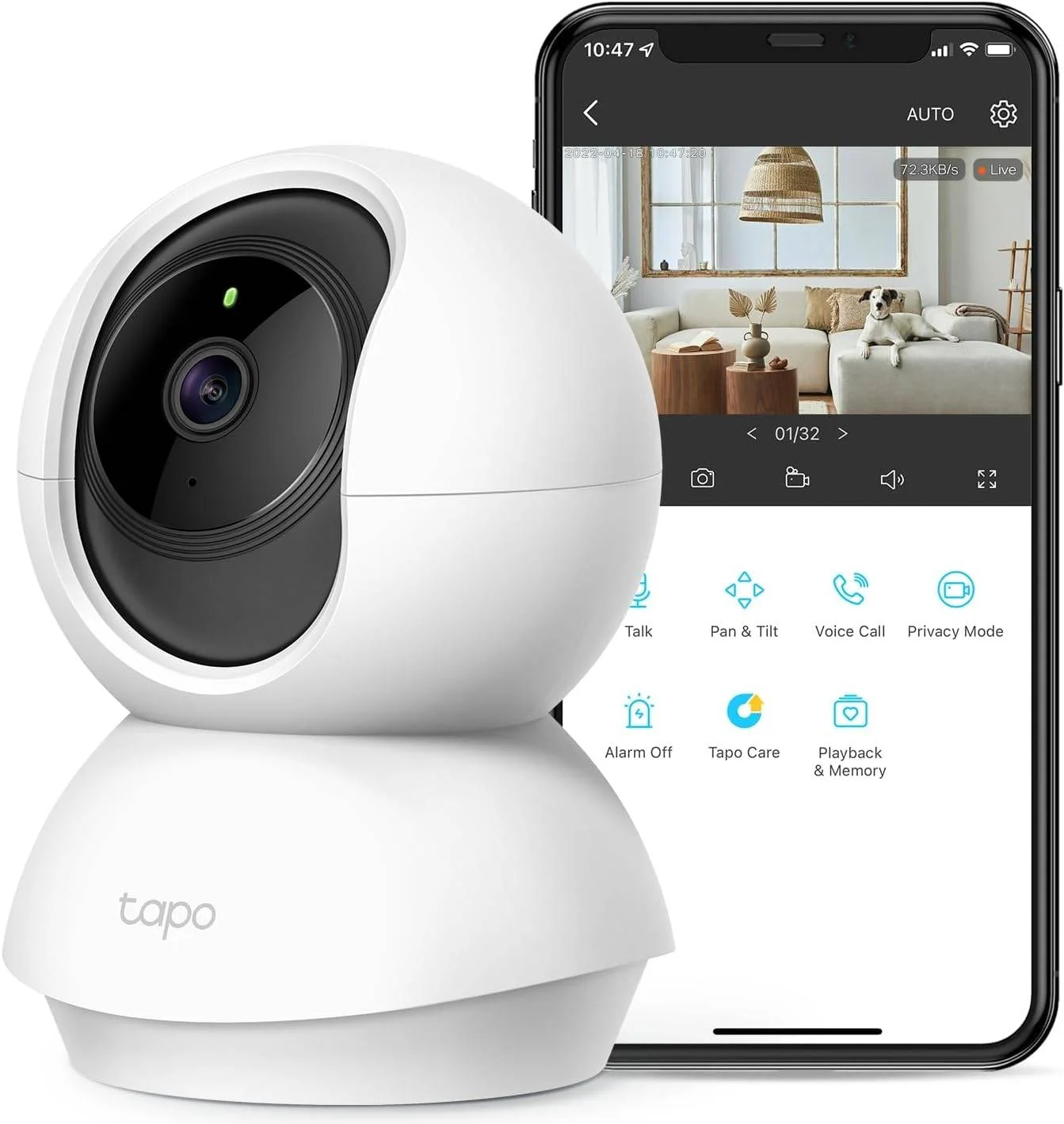 دوربین امنیتی چرخشی و شیب دار TP Link Tapo 2K برای مانیتور کودک، دوربین حیوانات خانگی با تشخیص حرکت، آژیر صوتی دو طرفه، دید در شب، سفید، Tapo C210، 1 عدد