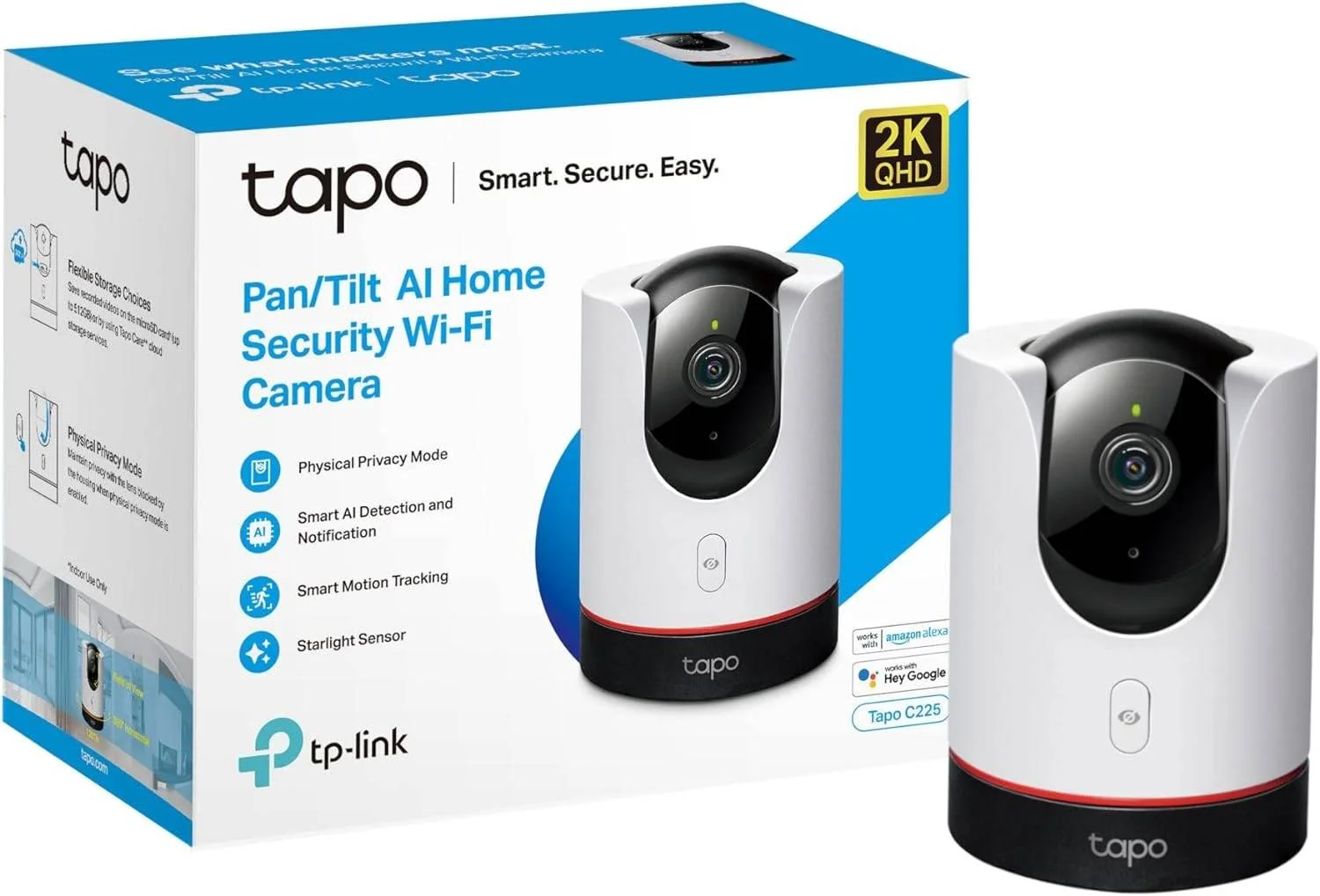 دوربین امنیتی چرخشی و گردان داخلی TP-Link Tapo C225، دریچه دیافراگم F1.6، حالت حریم خصوصی فیزیکی، ردیابی هوشمند حرکت، سنسور Starlight، صدای دو طرفه، میکروفون و بلندگوی داخلی، سفید | Tapo C225