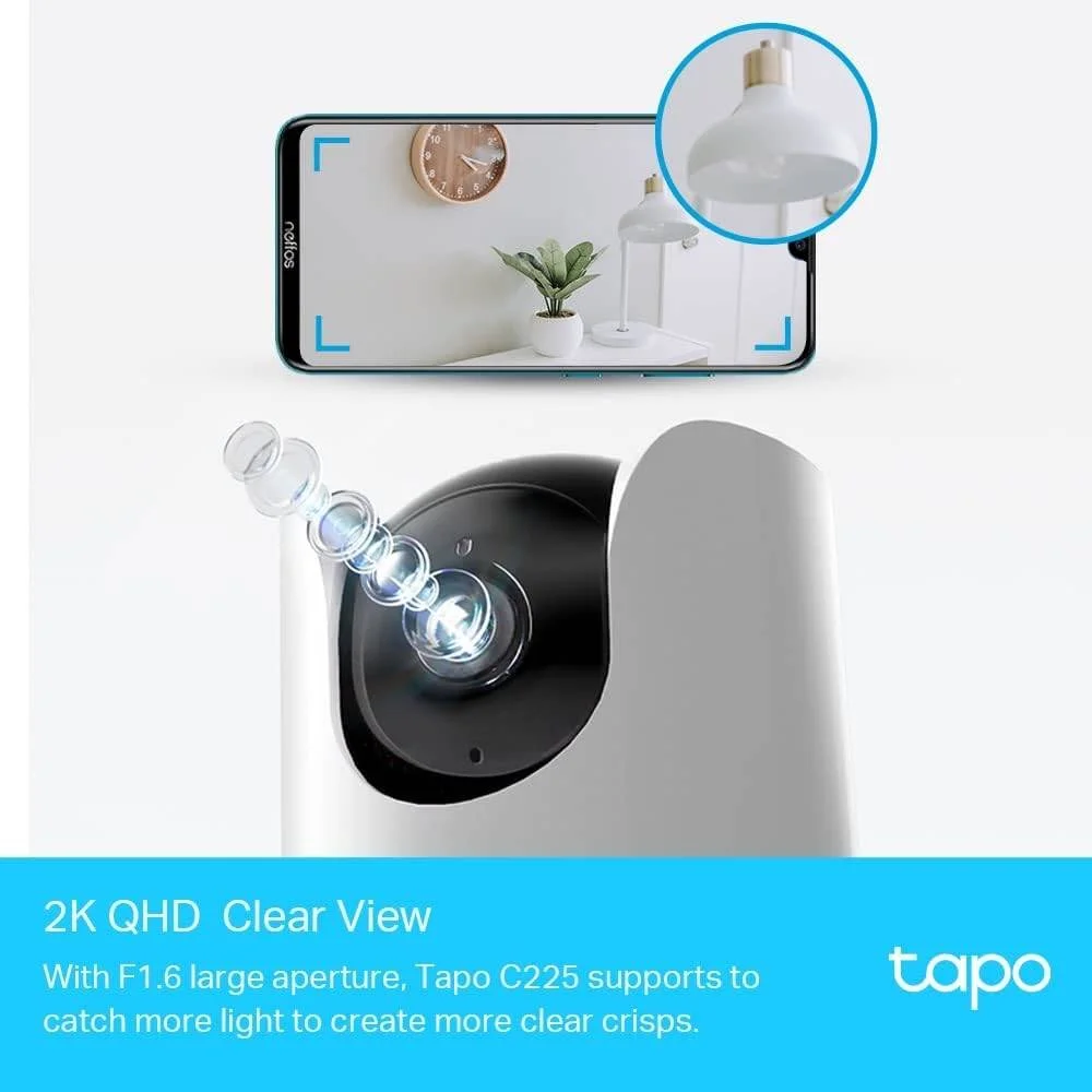 دوربین امنیتی چرخشی و گردان داخلی TP-Link Tapo C225، دریچه دیافراگم F1.6، حالت حریم خصوصی فیزیکی، ردیابی هوشمند حرکت، سنسور Starlight، صدای دو طرفه، میکروفون و بلندگوی داخلی، سفید | Tapo C225