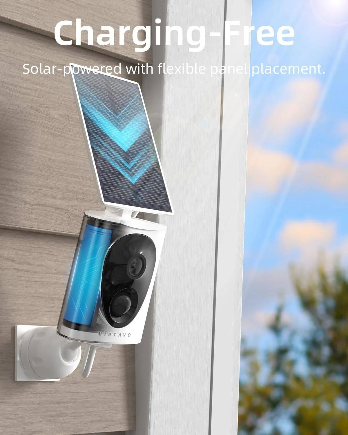 دوربین های امنیتی خورشیدی بی سیم Virtavo SolarFlask، لنز 2K Starlight، دید در شب رنگی، باتری خور، تشخیص حرکت هوش مصنوعی، برای امنیت خانه، صدای دو طرفه، ضد آب و هوا، ذخیره سازی ابری/SD