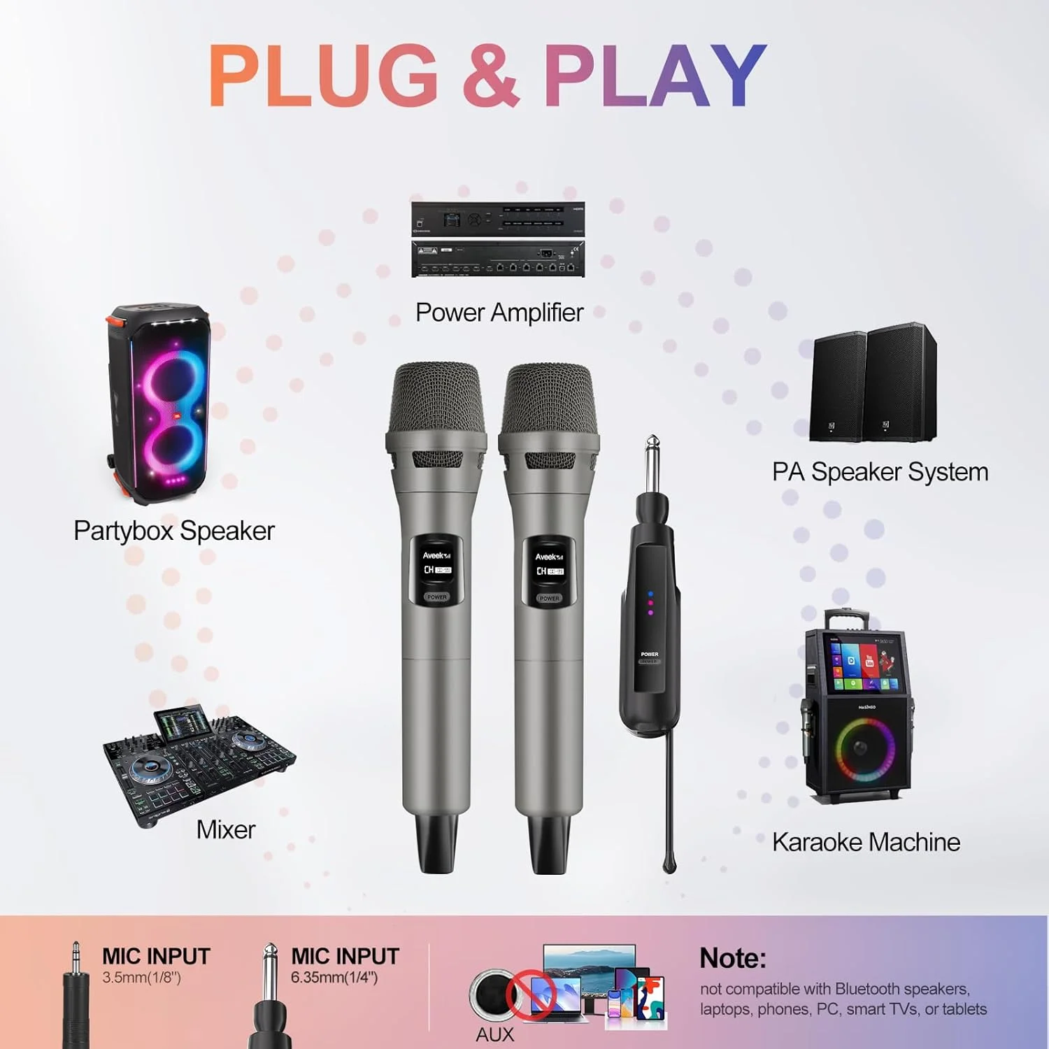 میکروفون بی سیم Aveek برای کارائوکه، میکروفون دینامیک بی سیم قابل شارژ 2.4 گیگاهرتز و گیرنده بی سیم برای دستگاه کارائوکه، کلیسا، سخنرانی، عروسی، آواز مهمانی، خاکستری، 2 عدد میکروفون بی سیم Aveek برای کارائوکه، میکروفون دینامیک بی سیم قابل شارژ 2.4 گیگاهرتز و گیرنده بی سیم برای دستگاه کارائوکه، کلیسا، سخنرانی، عروسی، آواز مهمانی، خاکستری، 2 عدد
