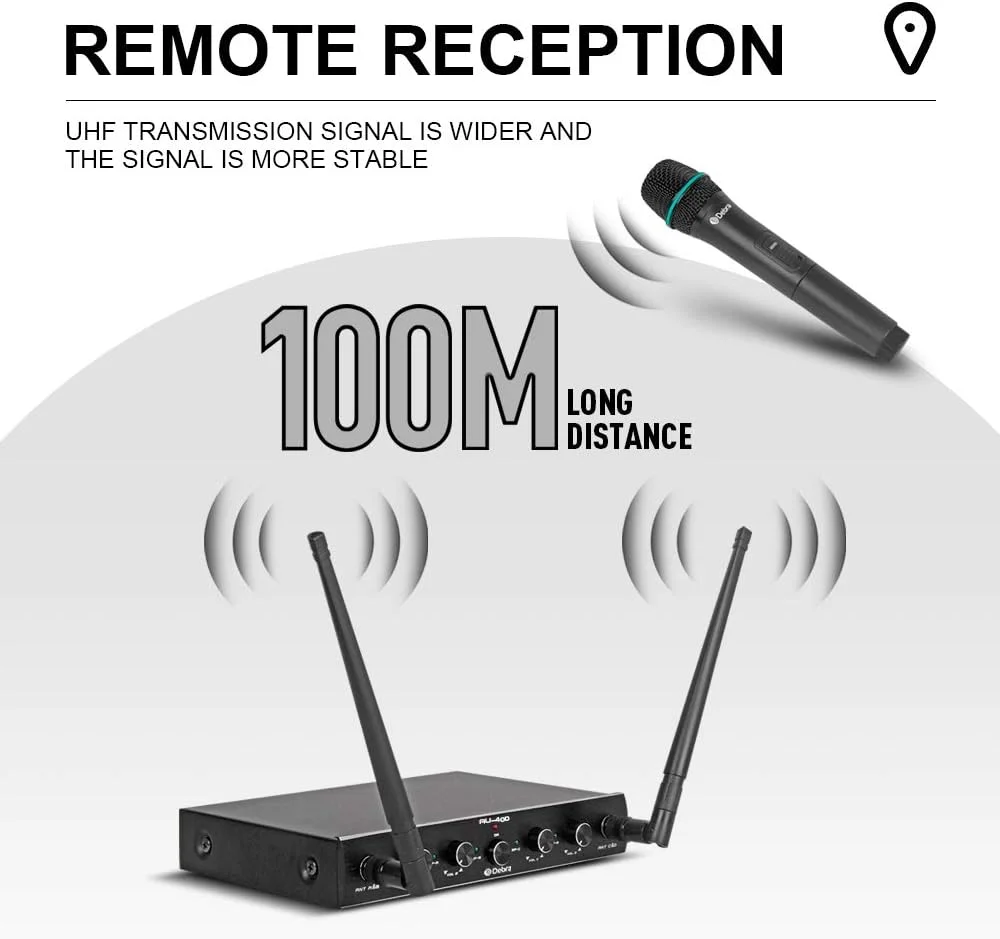 سیستم میکروفون بی سیم 4 کاناله UHF دبرا آدیو AU400 PRO، میکروفون کارائوکه دستی و بی سیم با گیرنده برای آواز، عروسی، دی جی، مهمانی، سخنرانی، کلیسا سیستم میکروفون بی سیم 4 کاناله UHF دبرا آدیو AU400 PRO، میکروفون کارائوکه دستی و بی سیم با گیرنده برای آواز، عروسی، دی جی، مهمانی، سخنرانی، کلیسا