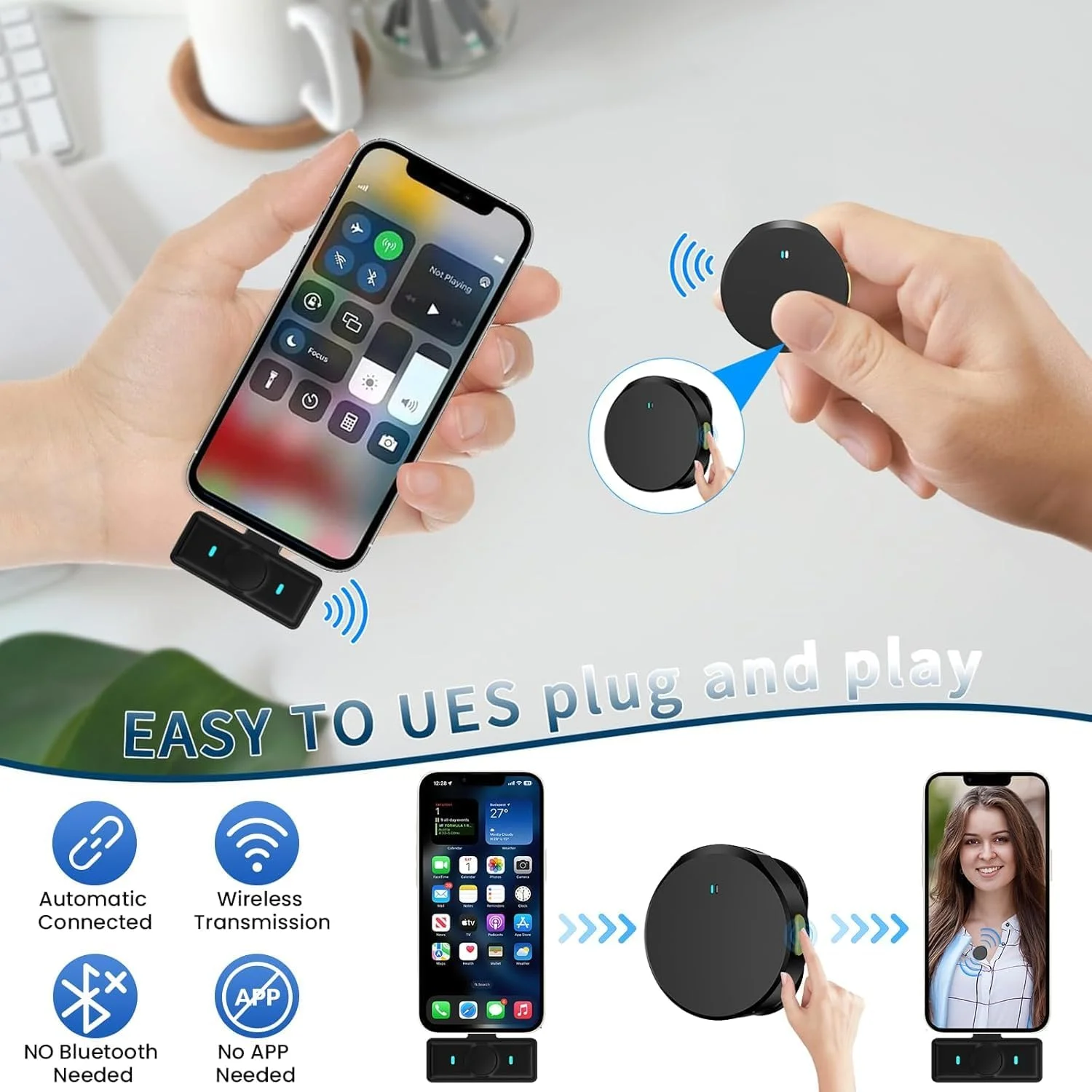 میکروفون یقهای بیسیم Delieu سازگار با آیفون، اندروید، دوربین، کامپیوتر و لپتاپ | دارای پورتهای لایتنینگ و USB-C | برد 300 متر | حذف نویز | باتری 40 ساعته | مناسب برای ضبط و استریم میکروفون یقهای بیسیم Delieu سازگار با آیفون، اندروید، دوربین، کامپیوتر و لپتاپ | دارای پورتهای لایتنینگ و USB-C | برد 300 متر | حذف نویز | باتری 40 ساعته | مناسب برای ضبط و استریم