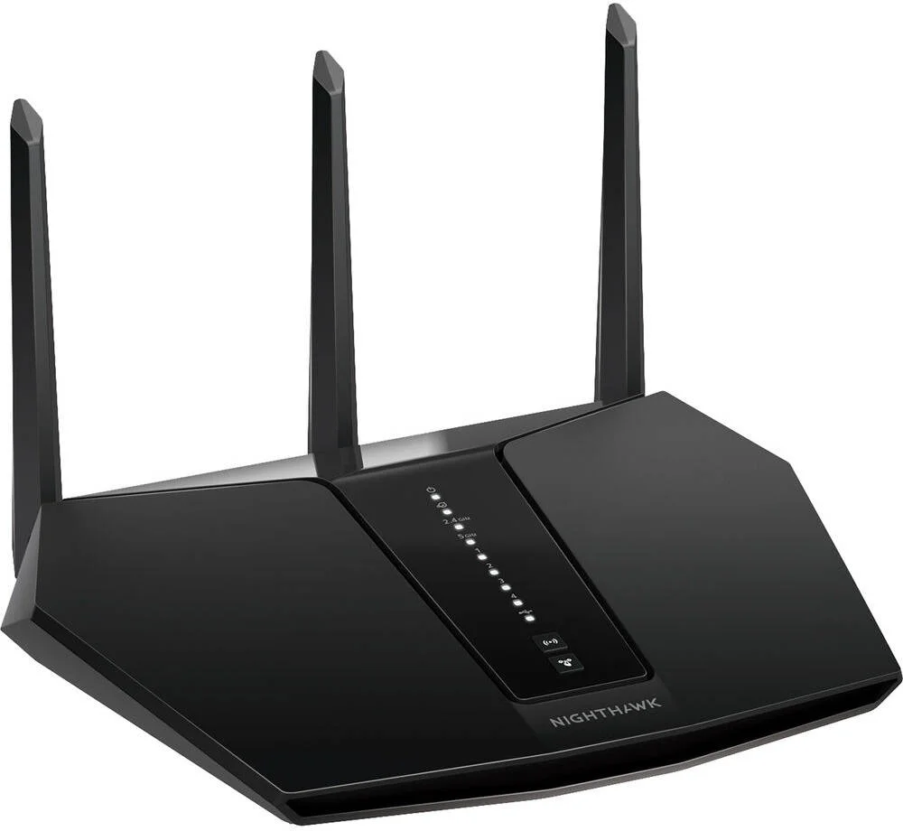 روتر وای فای 6 دو بانده نت گیر مدل AX2400 Nighthawk با 5 جریان، 2.4 گیگاهرتز (تا 574 مگابیت بر ثانیه) و 5 گیگاهرتز (تا 1800 مگابیت بر ثانیه)، توان عملیاتی تا 2374 مگابیت بر ثانیه، 3 آنتن خارجی، مشکی | RAX30