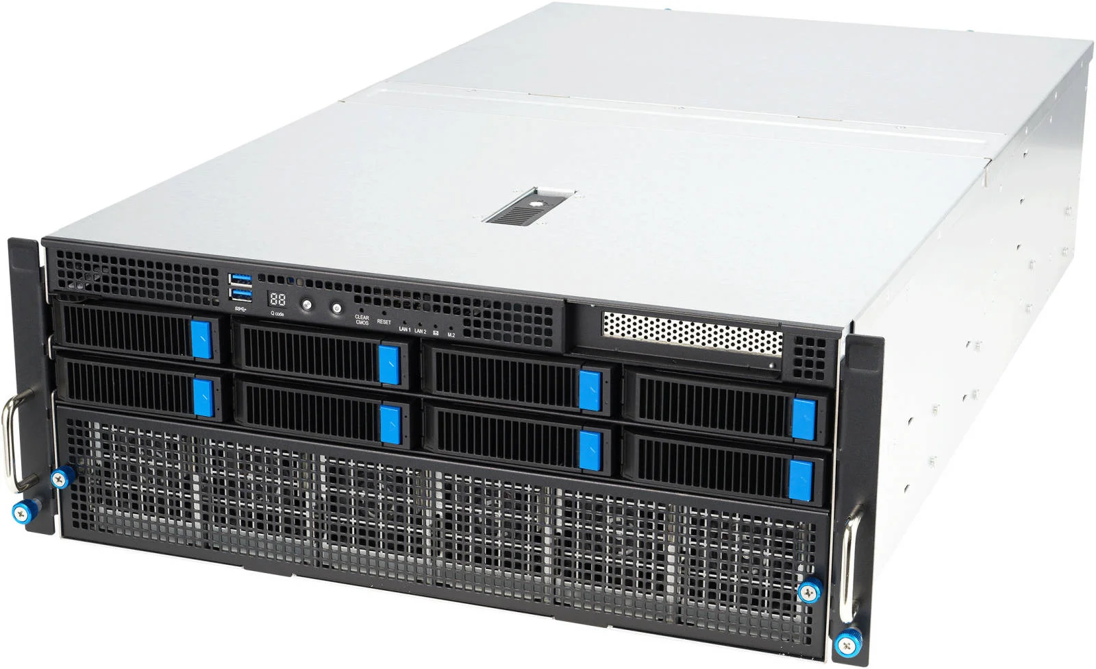 سرور 4U ایسوس AMD EPYC، دو پردازنده AMD EPYC 9754، گرافیک 640 گیگابایت، 8x A100 80GB، 128 هسته، 256 رشته، تا 3.1 گیگاهرتز، 1024 گیگابایت رم DDR5، 5x 1.92TB SATA SSD /40TB HDD، PERC H755 SAS، 11x PCIe 5.0 Slots.