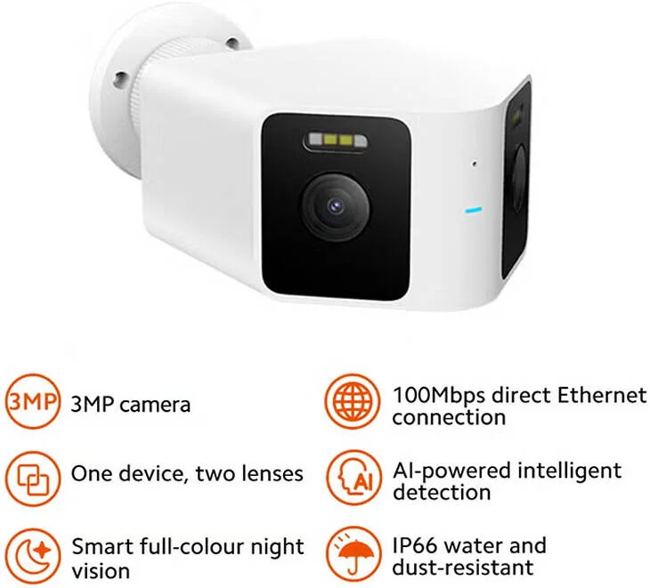 دوربین دوگانه فضای باز شیائومی CW100، لنزهای دوگانه 3MP+3MP، دید در شب رنگی، تشخیص هوشمند انسان و وسیله نقلیه، مقاوم در برابر آب و گرد و غبار IP66، تراشه MJA1 داخلی، سفید | CW100 دوربین دوگانه فضای باز شیائومی CW100، لنزهای دوگانه 3MP+3MP، دید در شب رنگی، تشخیص هوشمند انسان و وسیله نقلیه، مقاوم در برابر آب و گرد و غبار IP66، تراشه MJA1 داخلی، سفید | CW100