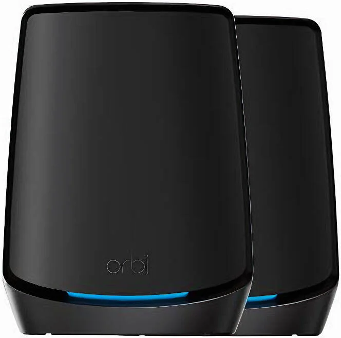 سیستم مش وای فای 6 سه باندی Netgear Orbi 860 Series، سرعت بی سیم 6 گیگابیت بر ثانیه، پوشش وای فای 5400 فوت مربع، پشتیبانی از 100 دستگاه همزمان، پورت 10 گیگ، 2 عددی، مشکی | RBK862SB-100APS