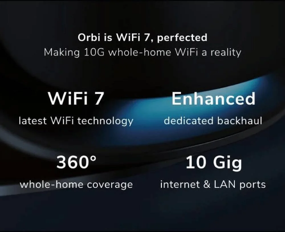 مِش وایفای 7 چهاربانده NETGEAR Orbi 970 Series، سرعت BE27000، تا باند 6 گیگاهرتز، تا 11,530 مگابیت بر ثانیه، 12 آنتن داخلی با عملکرد بالا، بسته 2 عددی، مشکی | RBE972SB مِش وایفای 7 چهاربانده NETGEAR Orbi 970 Series، سرعت BE27000، تا باند 6 گیگاهرتز، تا 11,530 مگابیت بر ثانیه، 12 آنتن داخلی با عملکرد بالا، بسته 2 عددی، مشکی | RBE972SB